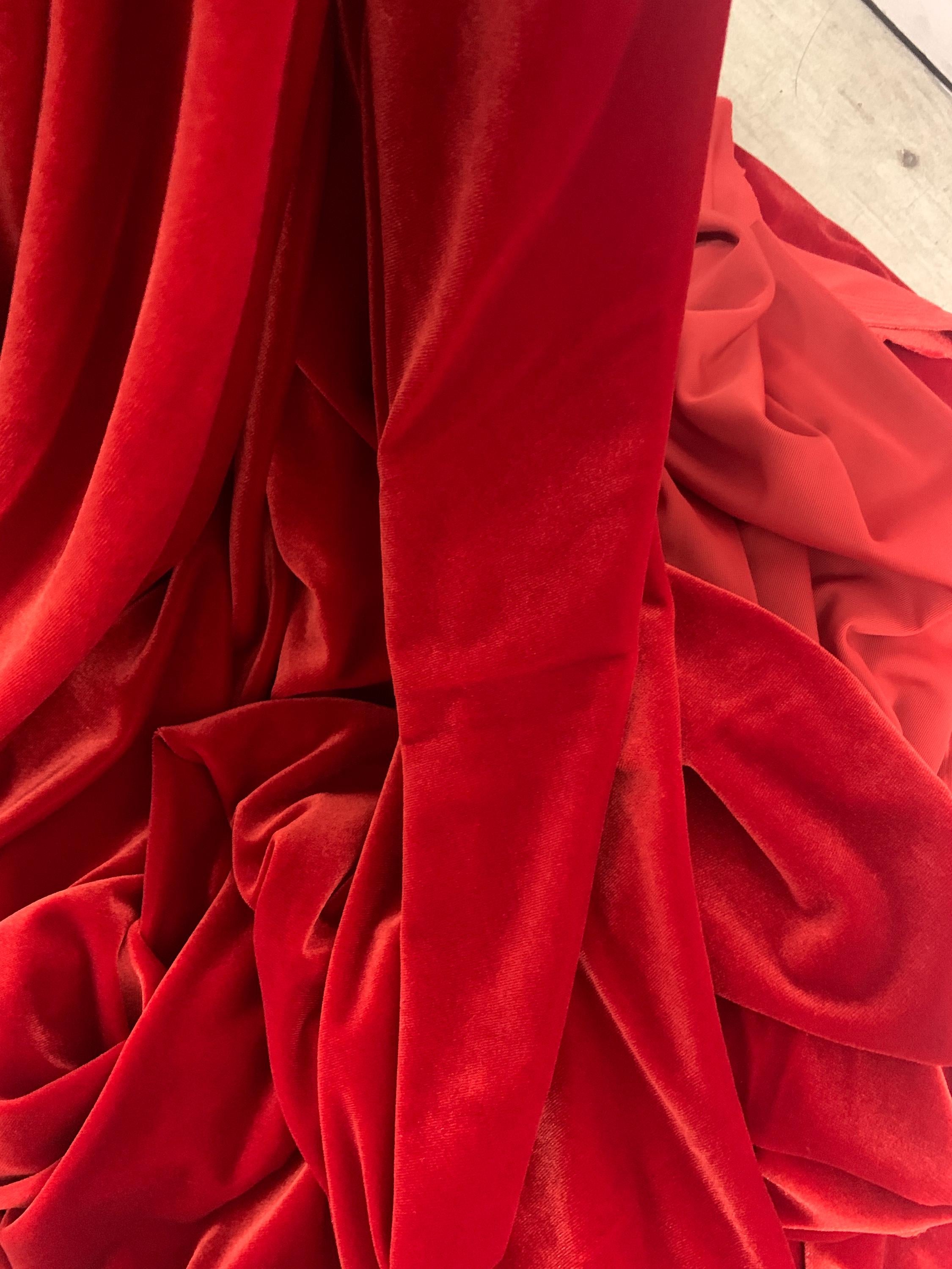 Stretch velvet fabric color Red 58/60" poly spandex.