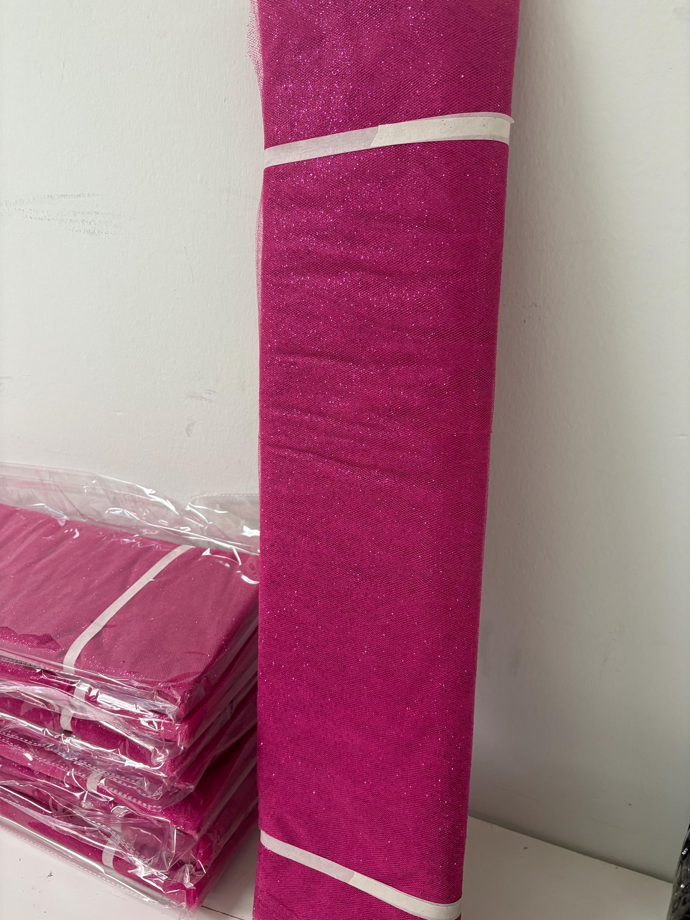Fucshia tulle with gliter 10 yards bolt, 54 inch width double fold, polyester.
