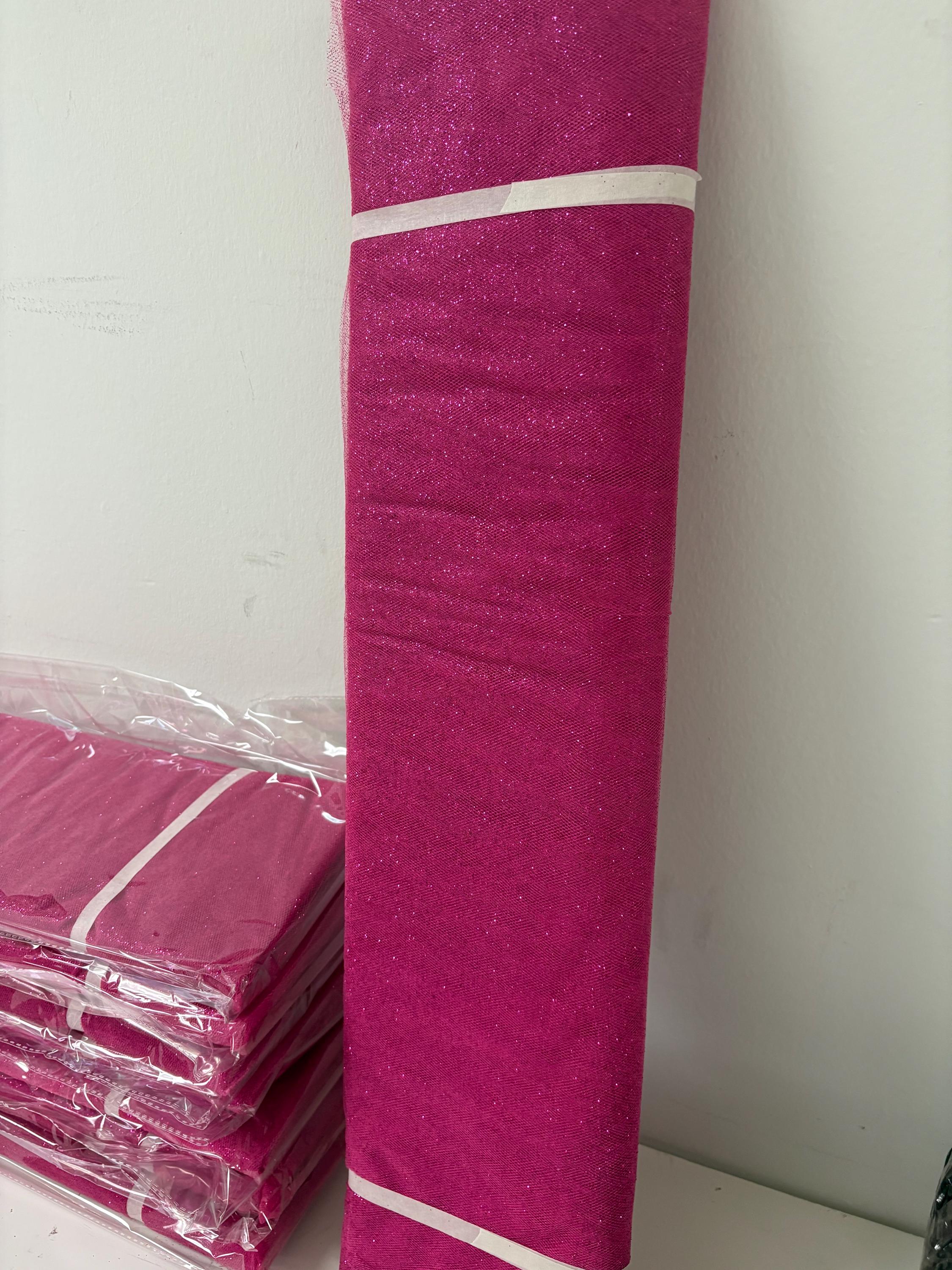 Fucshia tulle with gliter 10 yards bolt, 54 inch width double fold, polyester.