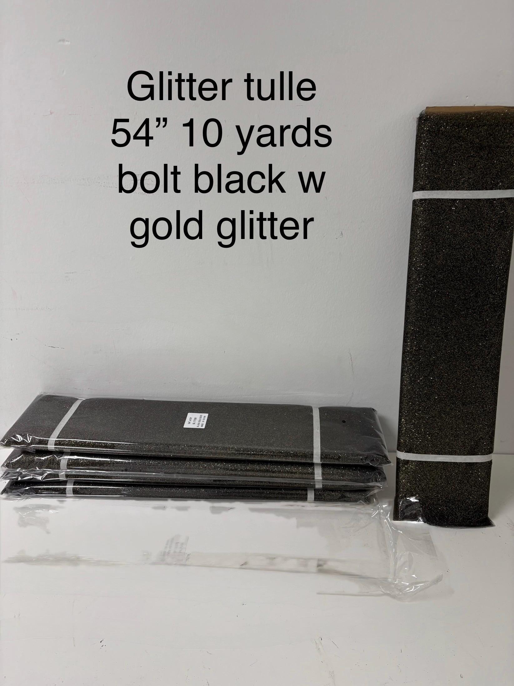 Tulle 54" Black with gold glitter 10 yards double fold.