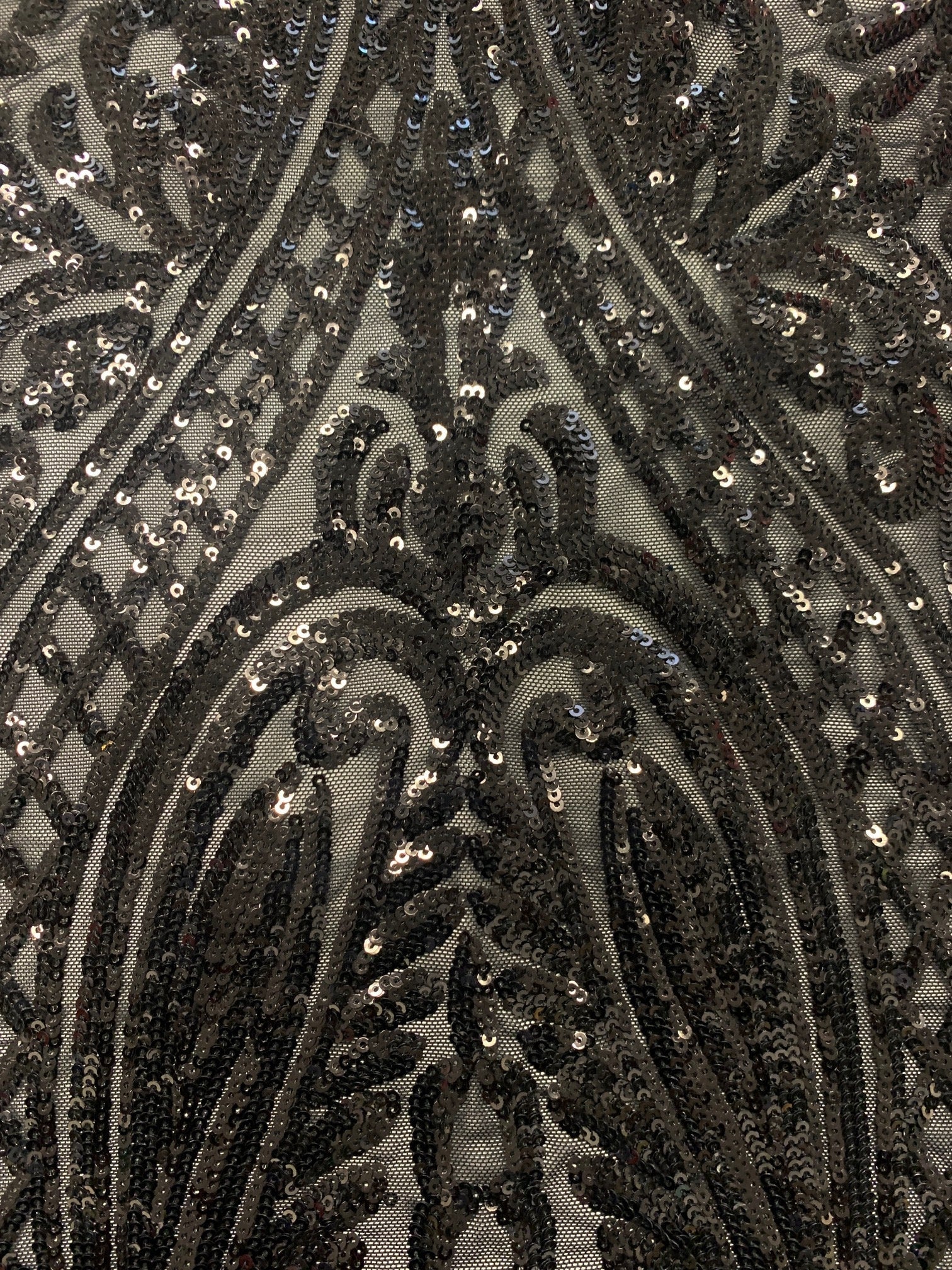Black All over Sequins fabric color black width 55 inches, fabric has 3 inch salvage (plain mesh) on each side. free sample.