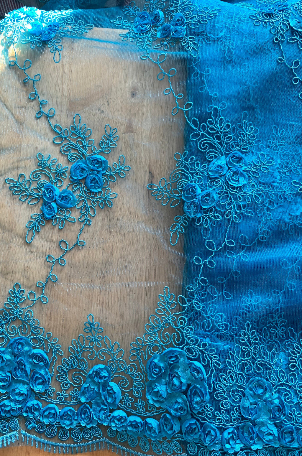 Lace Embroidery Fabric color Turquoise design rose bud flower width 49/50 inches. free sample shop with confidence.
