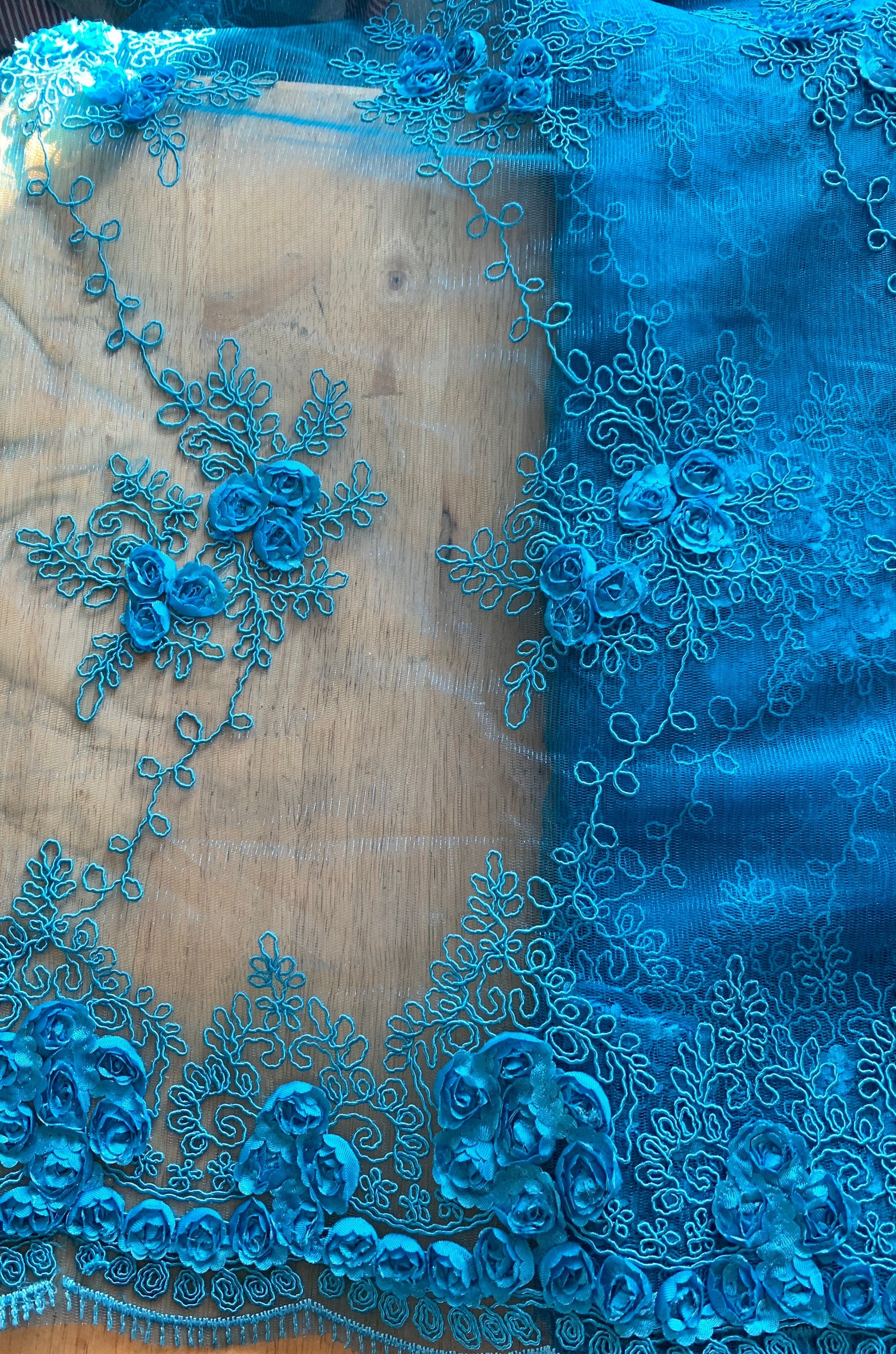 Lace Embroidery Fabric color Turquoise design rose bud flower width 49/50 inches. free sample shop with confidence.