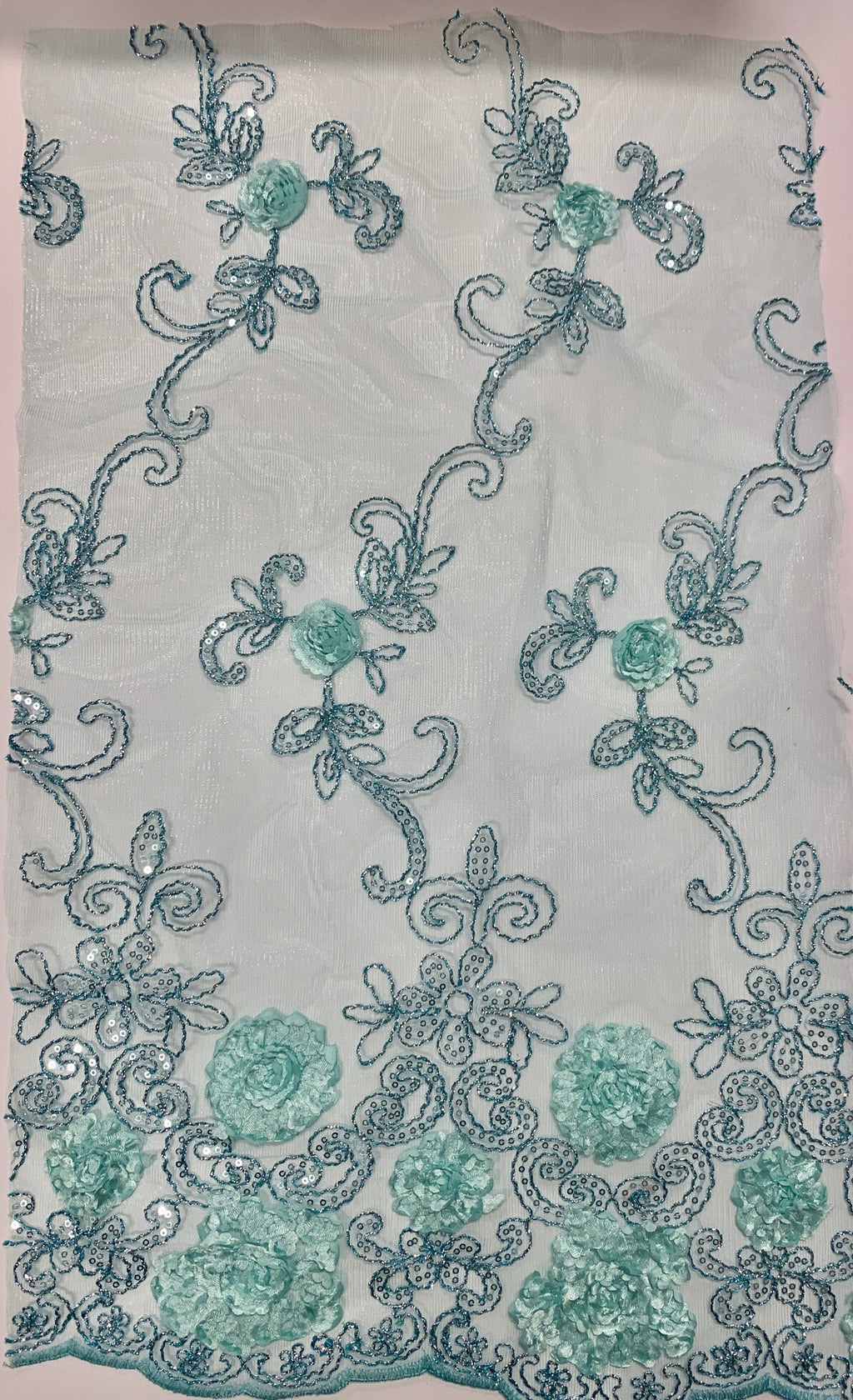 Lace fabric design 600 sell by yard double scalloped embroidery sequins color mint