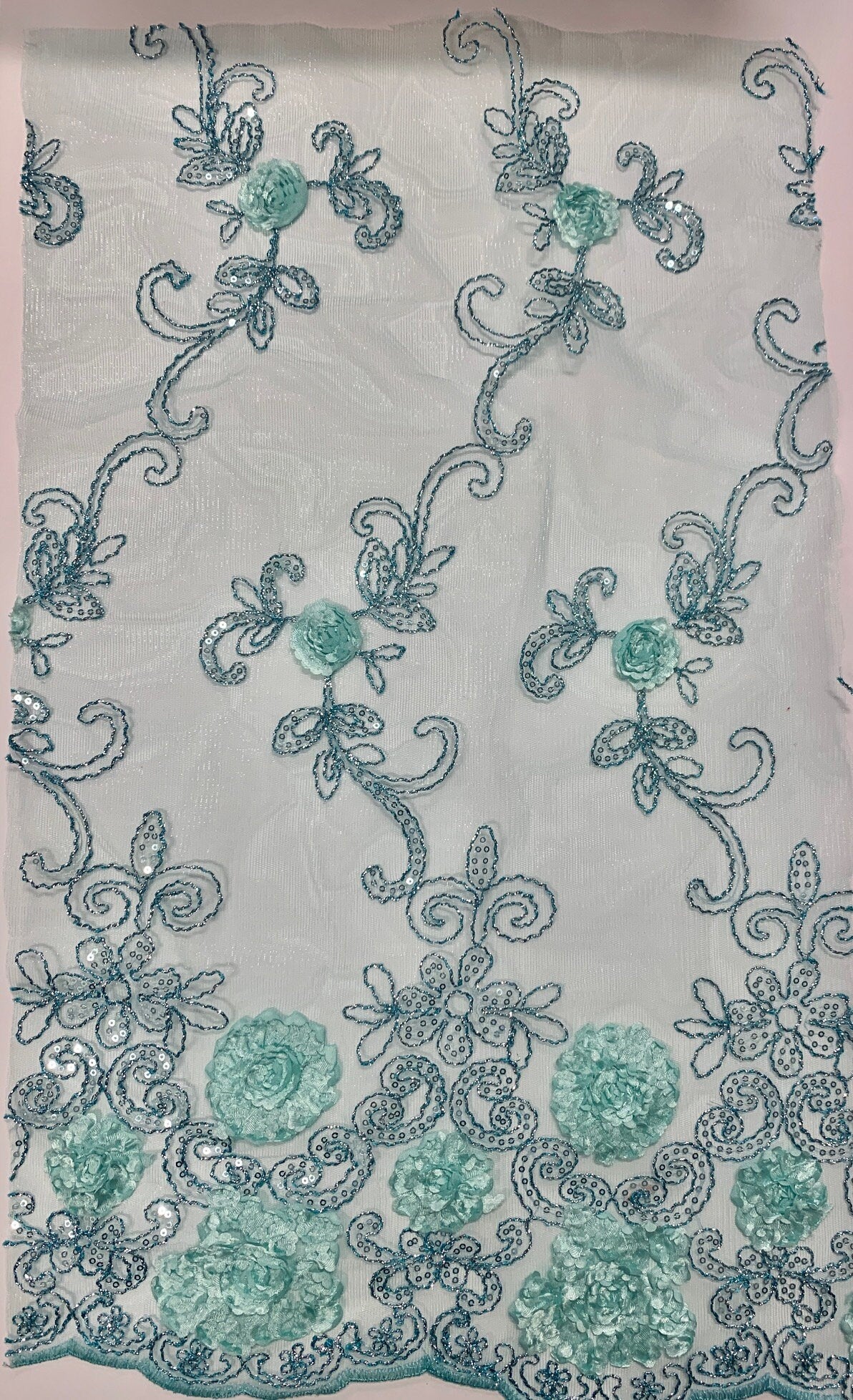 Lace fabric design 600 sell by yard double scalloped embroidery sequins color mint
