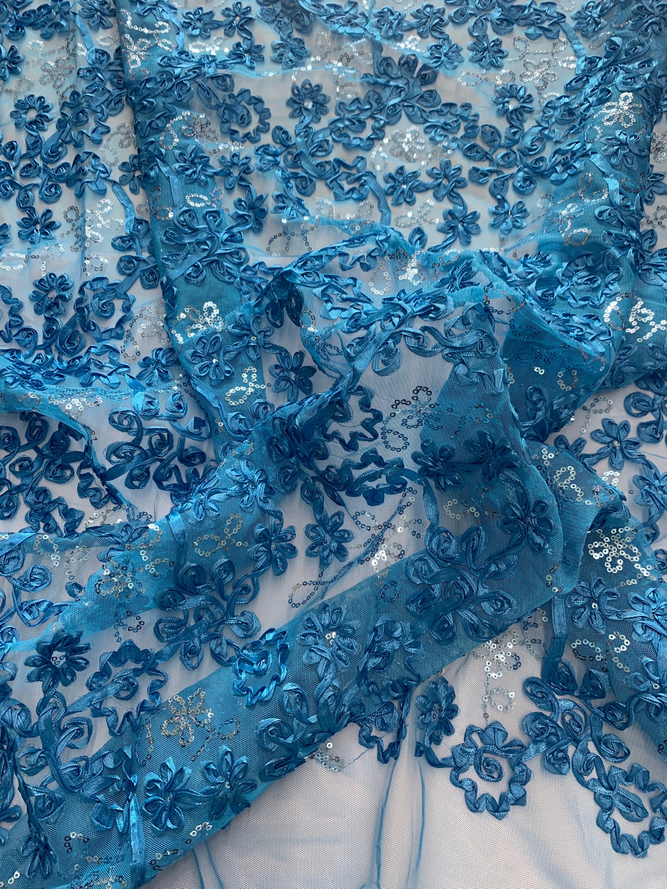 Lace embroidery sequins fabric by yard color turquoise design Cynthia