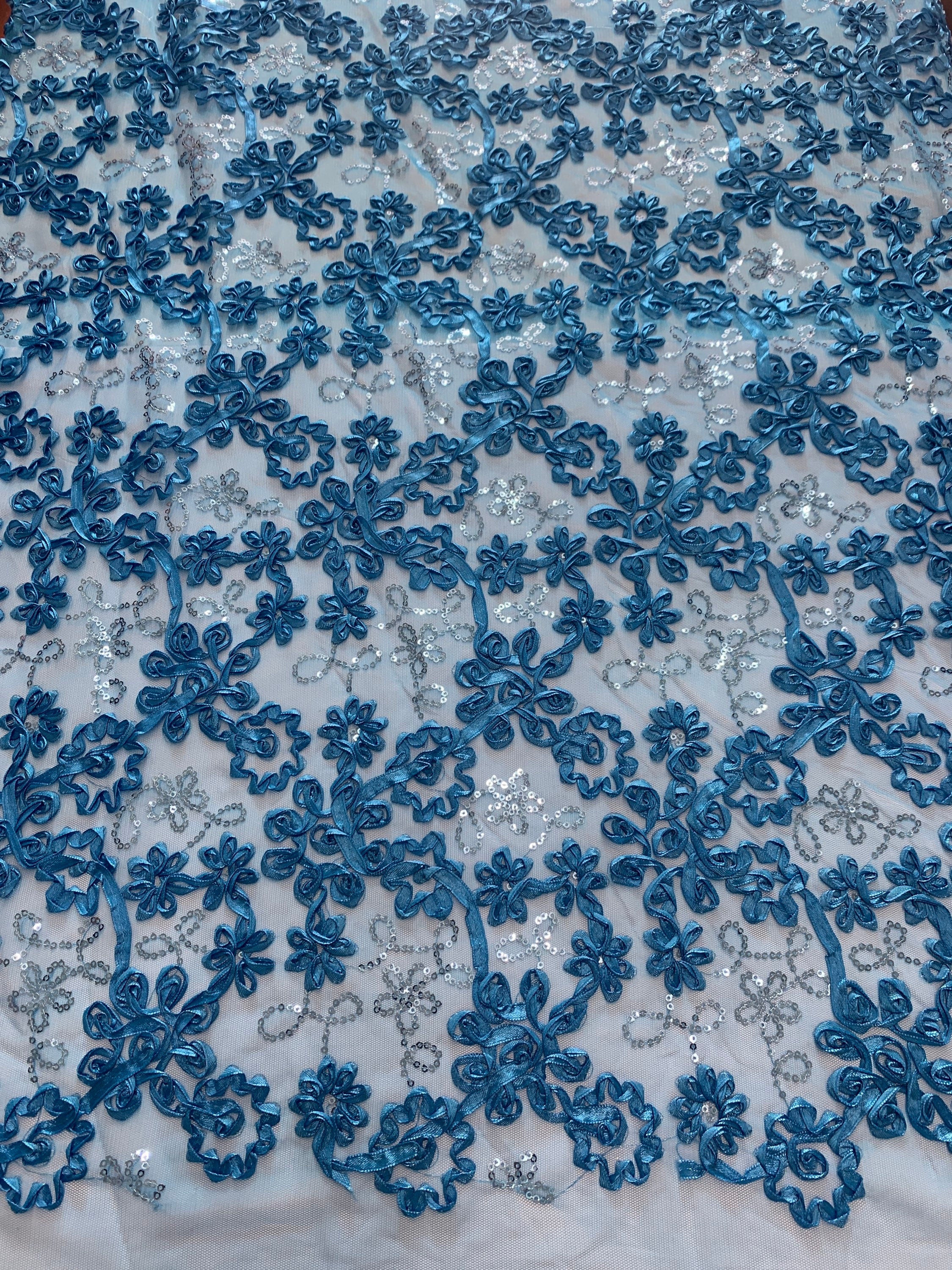Lace embroidery sequins fabric by yard color turquoise design Cynthia