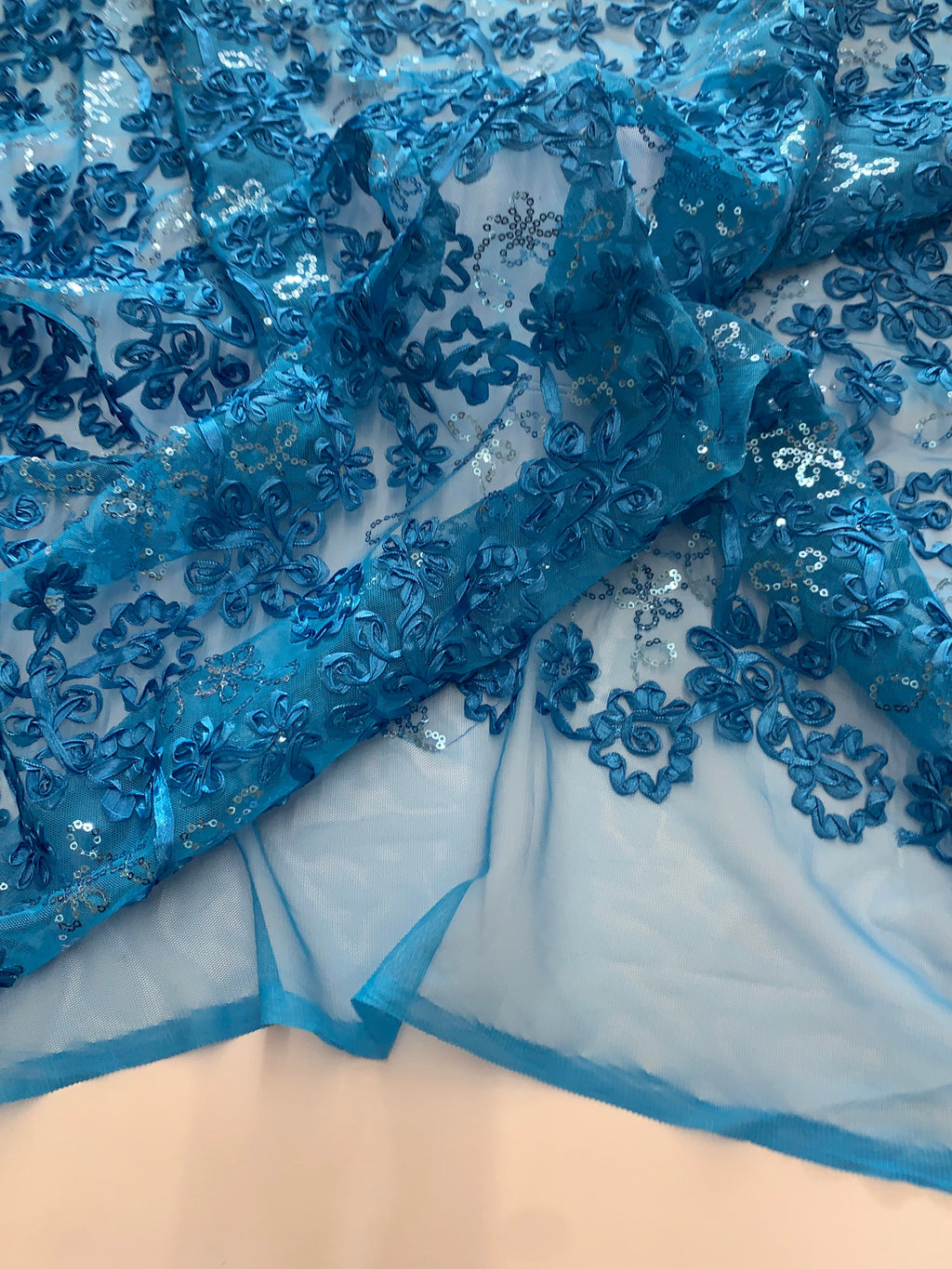 Lace embroidery sequins fabric by yard color turquoise design Cynthia