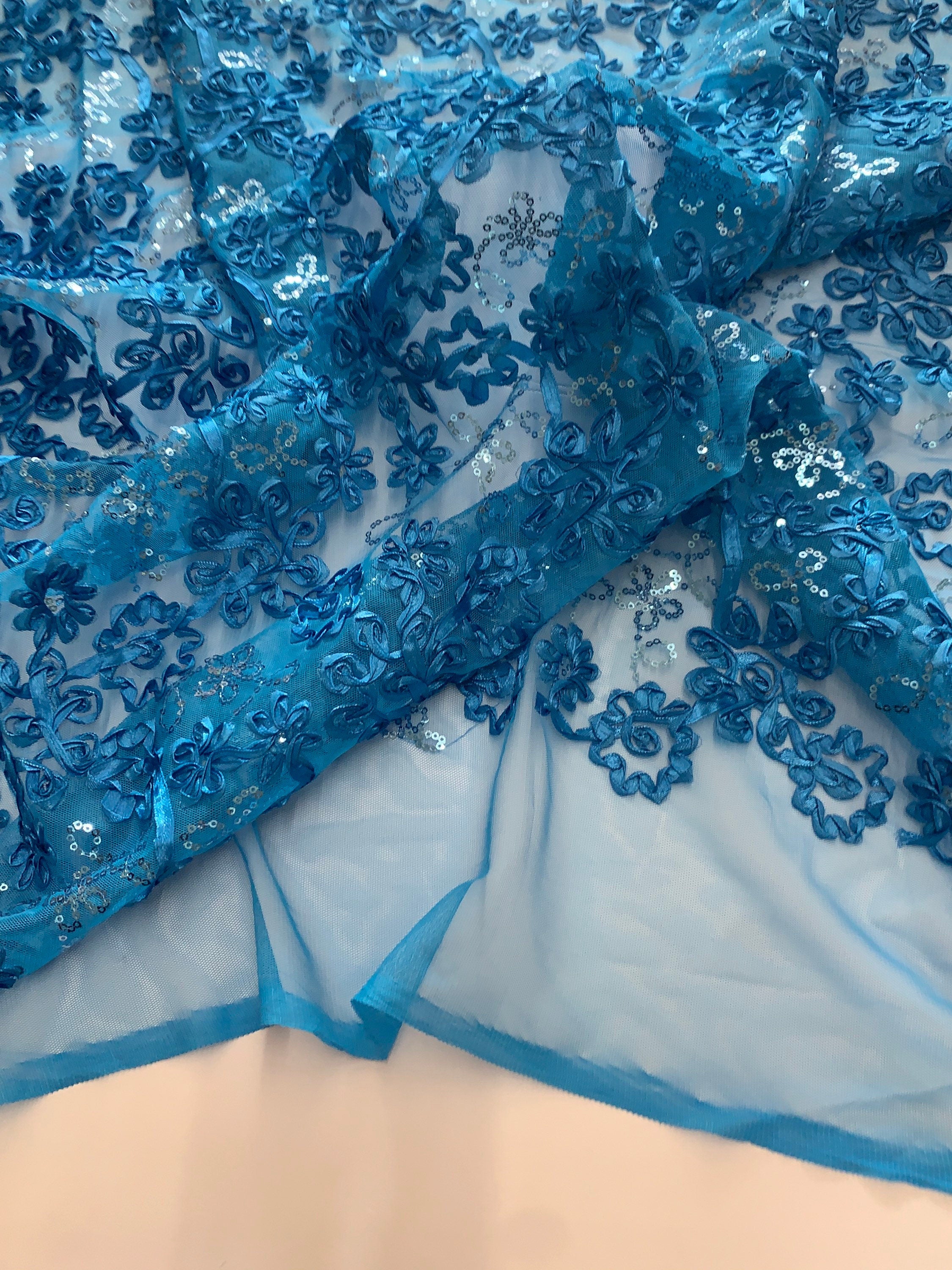 Lace embroidery sequins fabric by yard color turquoise design Cynthia