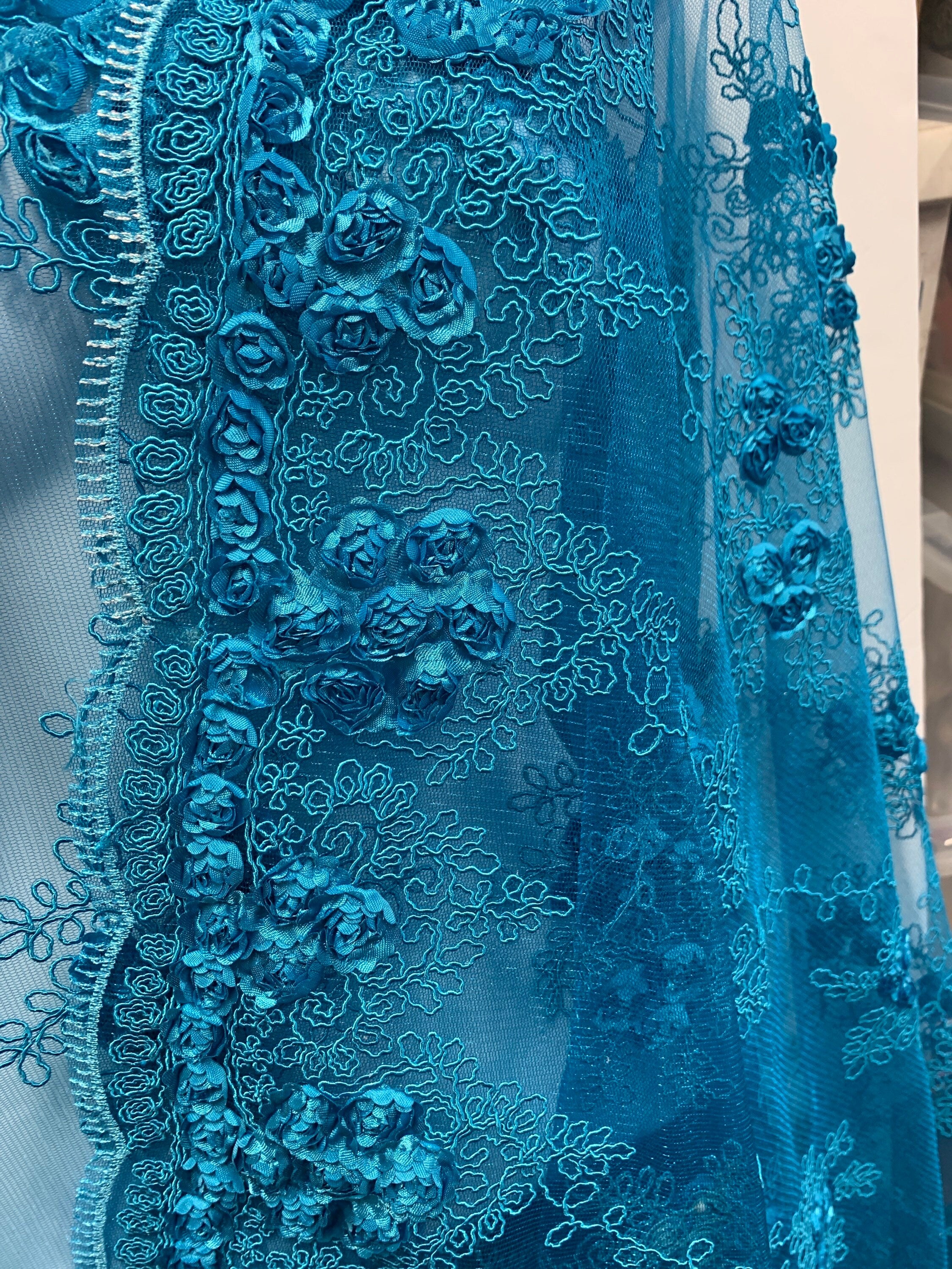 Lace Embroidery Fabric color Turquoise design rose bud flower width 49/50 inches. free sample shop with confidence.