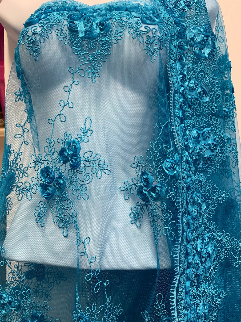 Lace Embroidery Fabric color Turquoise design rose bud flower width 49/50 inches. free sample shop with confidence.