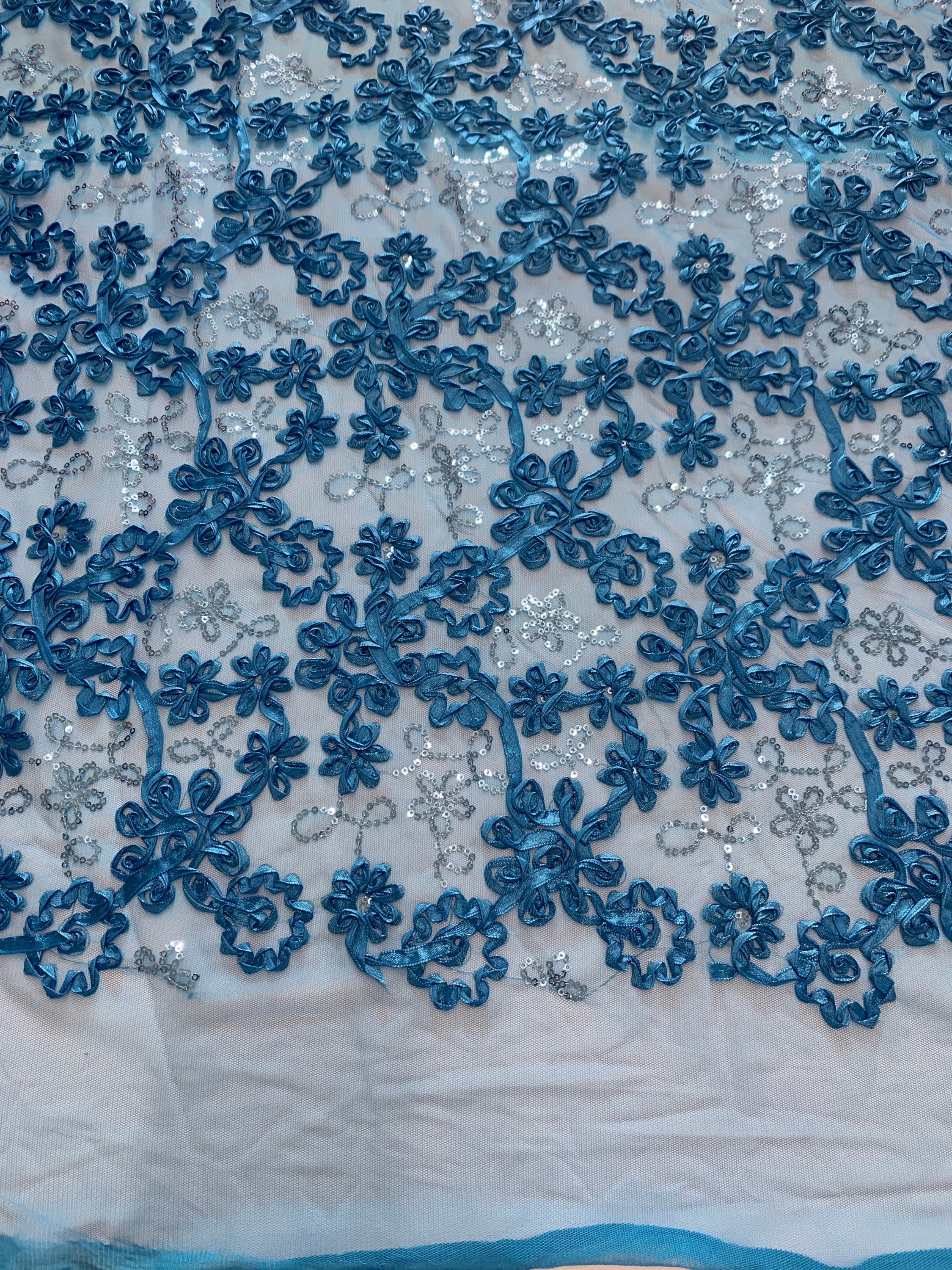 Lace embroidery sequins fabric by yard color turquoise design Cynthia