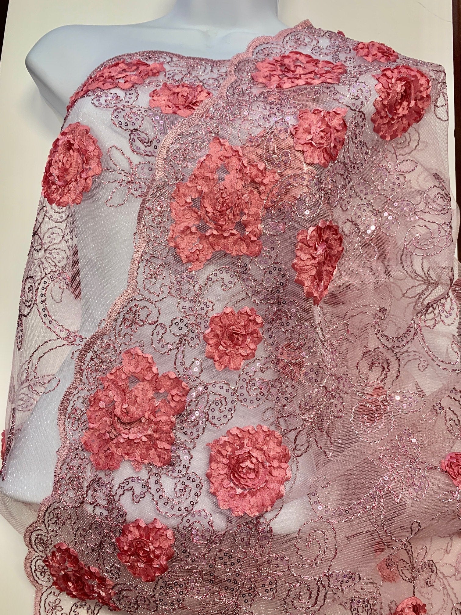 Rose color Lace fabric design 600 double scalloped embroidery sequins color D. Rose