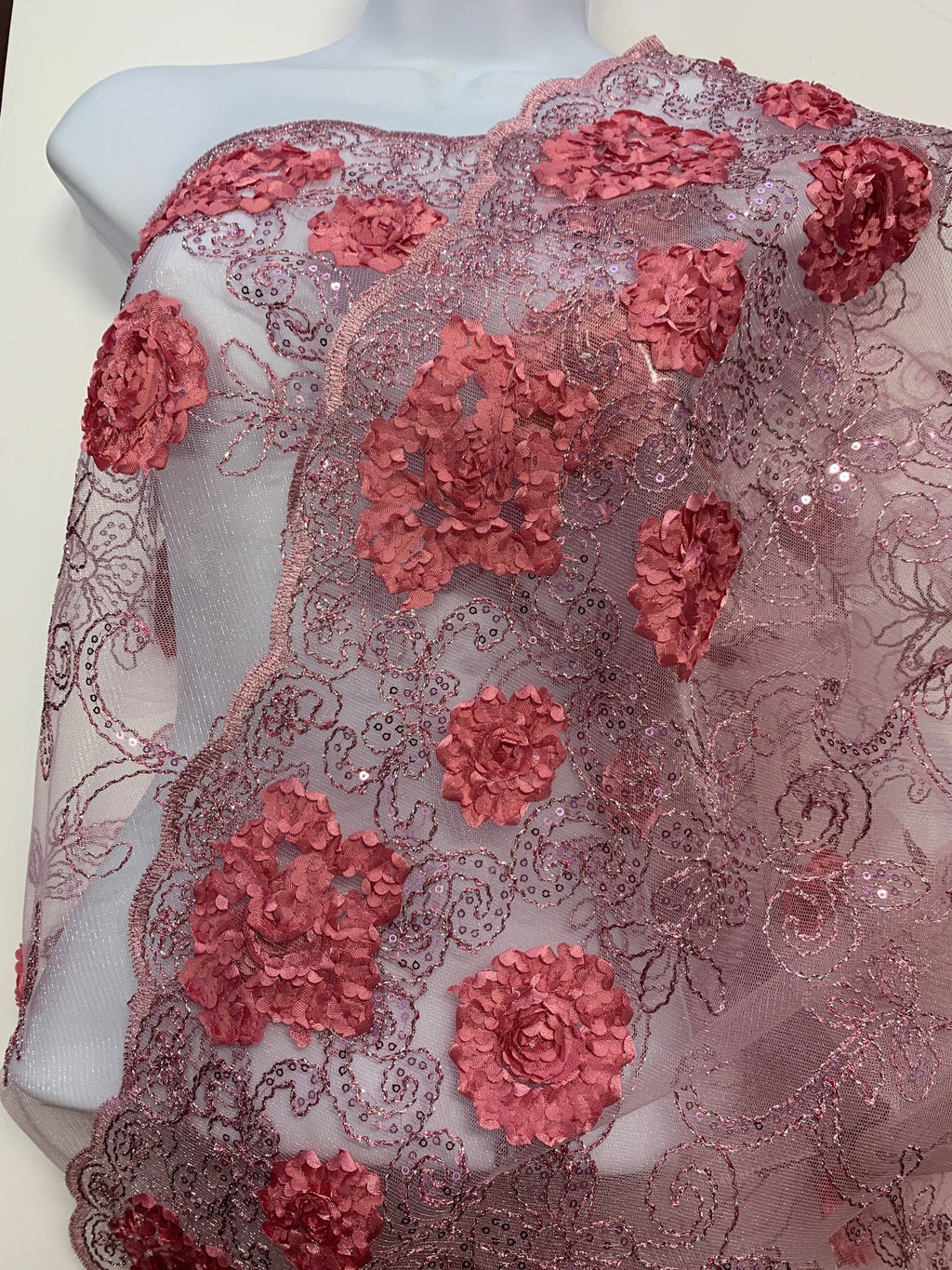 Rose color Lace fabric design 600 double scalloped embroidery sequins color D. Rose