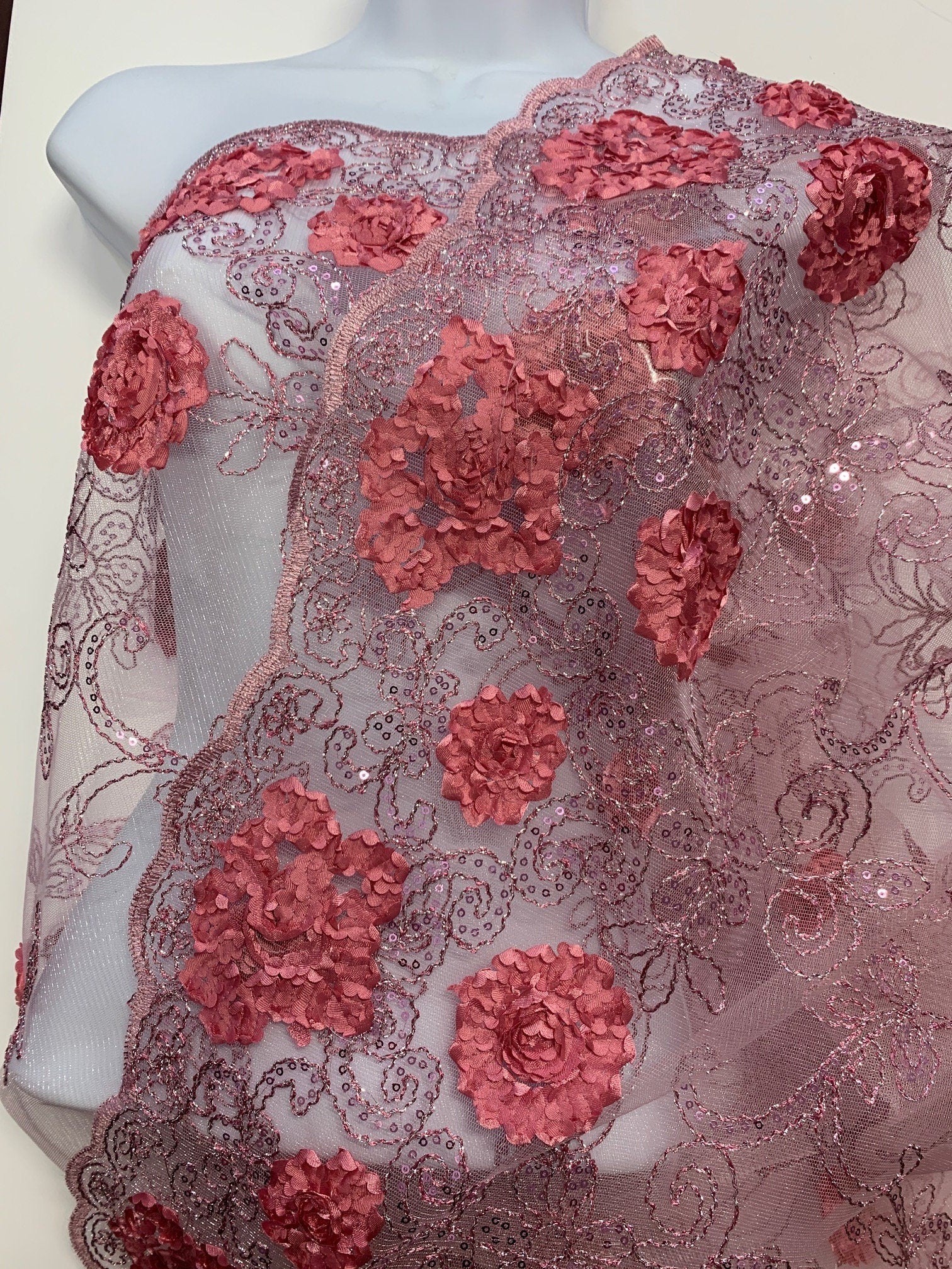 Rose color Lace fabric design 600 double scalloped embroidery sequins color D. Rose