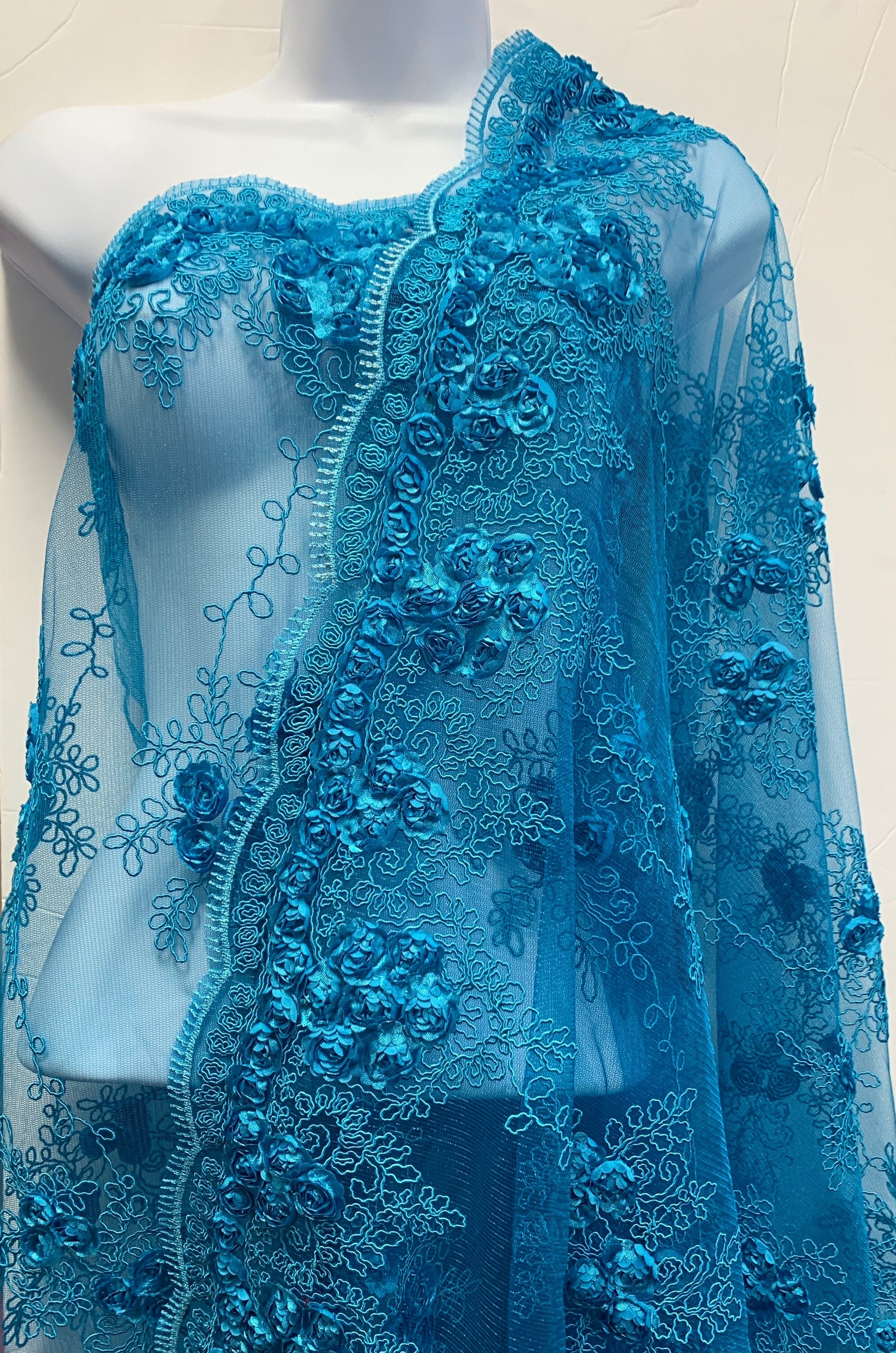 Lace Embroidery Fabric color Turquoise design rose bud flower width 49/50 inches. free sample shop with confidence.