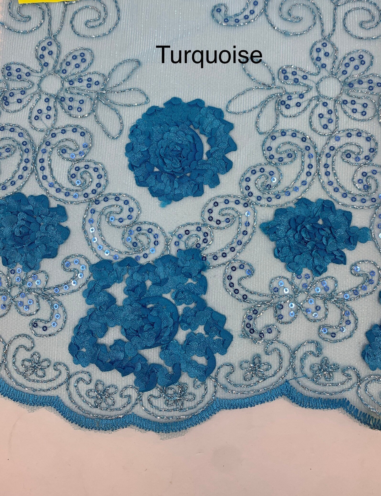 Lace fabric design 600 sell by yard double scalloped embroidery sequins color mint