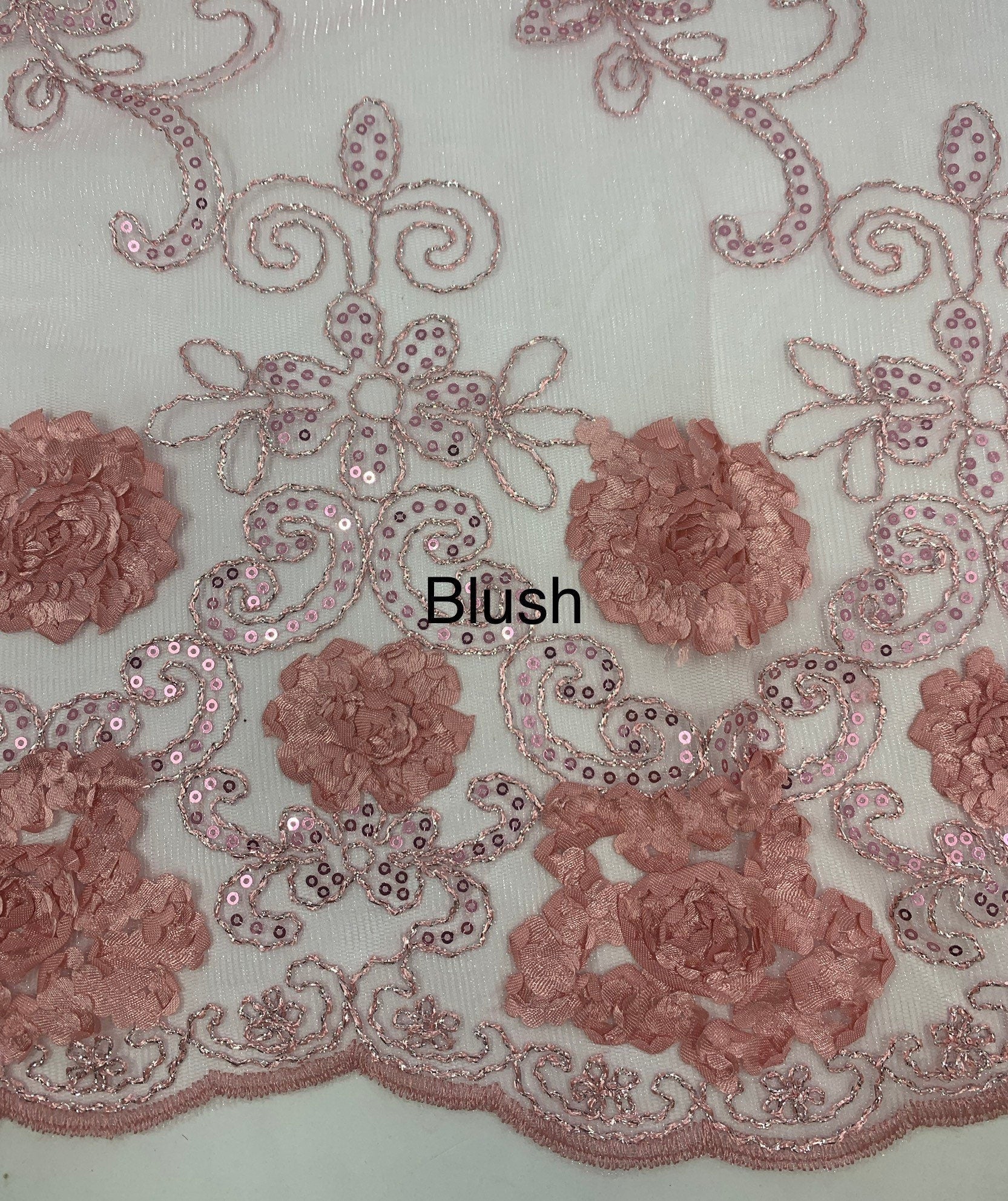 Lace fabric design 600 sell by yard double scalloped embroidery sequins color mint