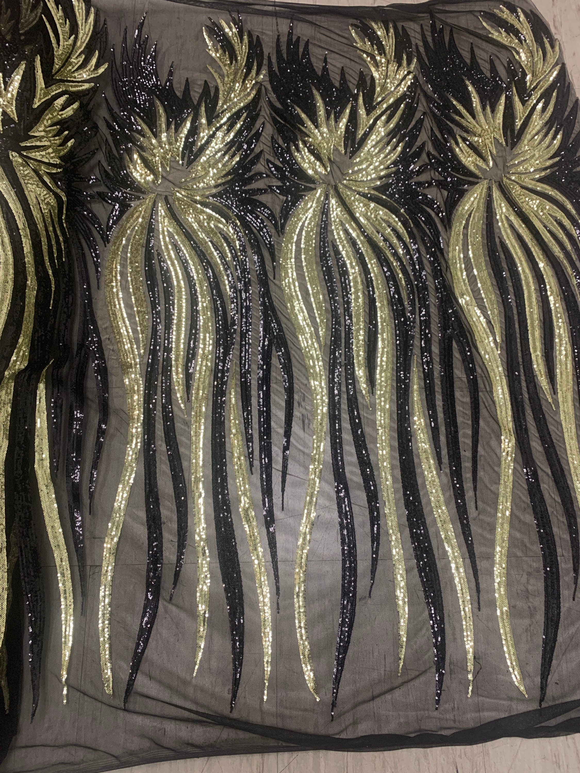 All over Sequins fabric design Princess color black/ Lt. gold, width 50 inches.