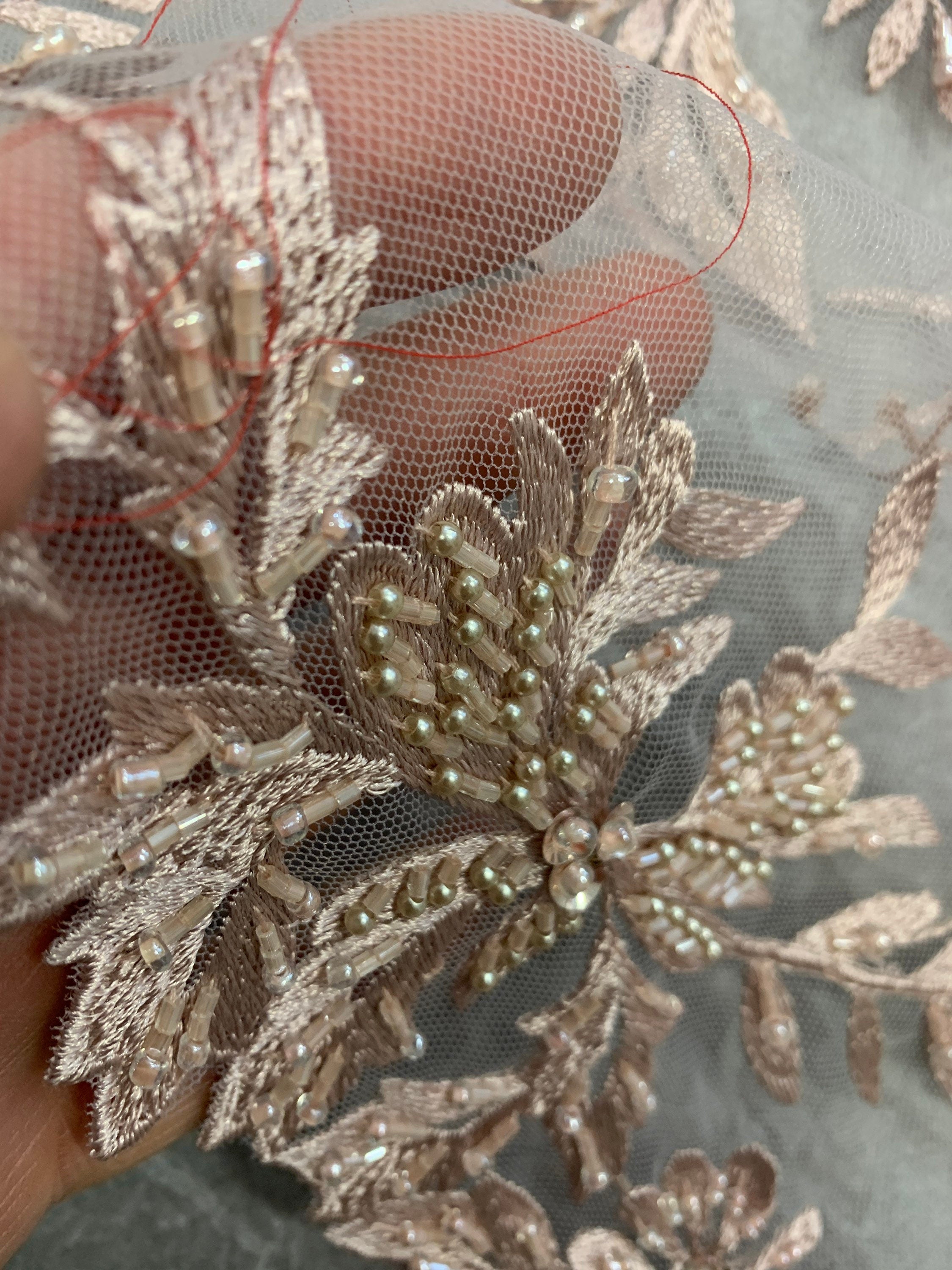 Mauve color Lace embroidery double scalloped with beads, color Mauve great item for party dress. sales by 1 yard increment.