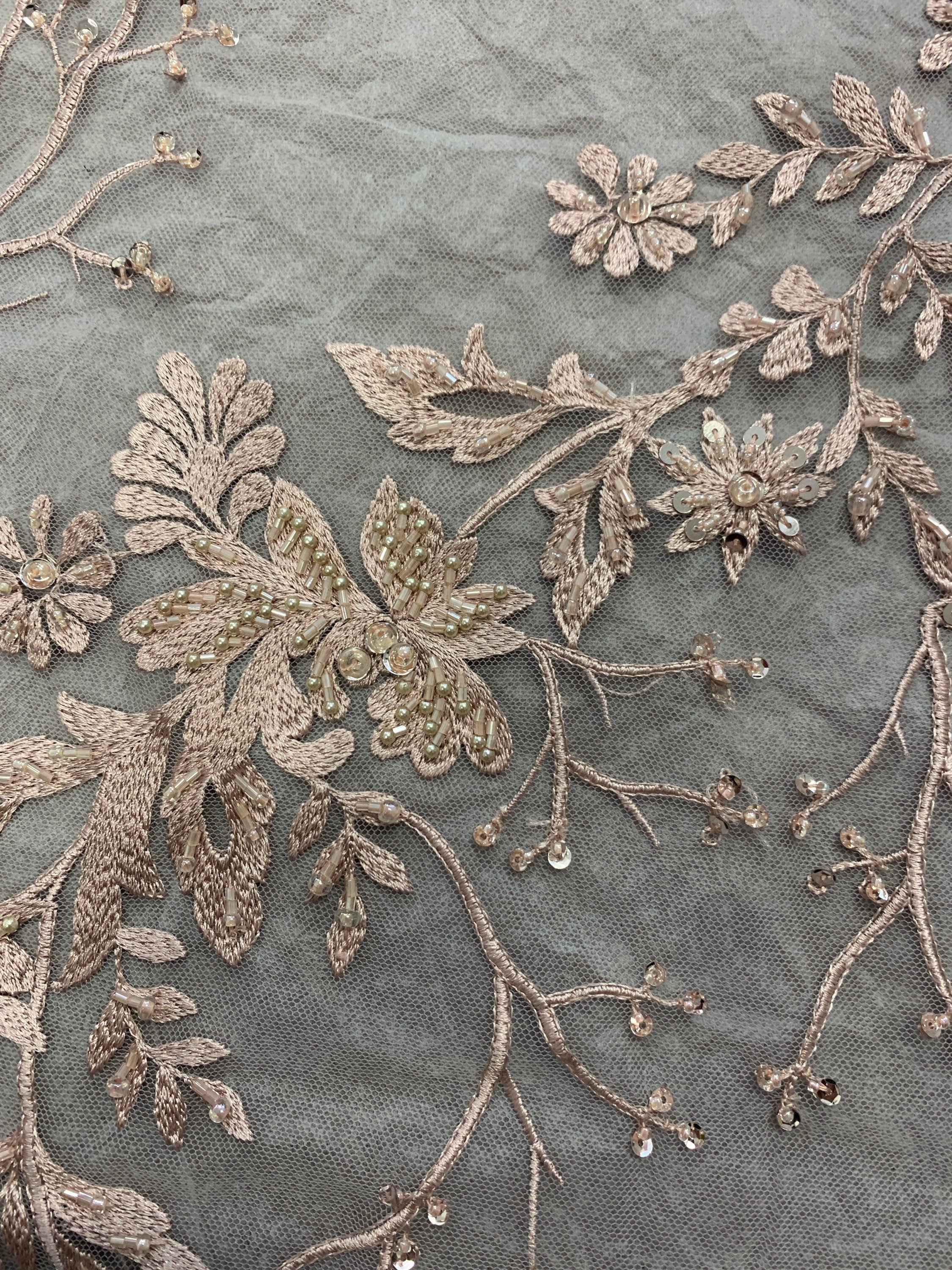 Mauve color Lace embroidery double scalloped with beads, color Mauve great item for party dress. sales by 1 yard increment.