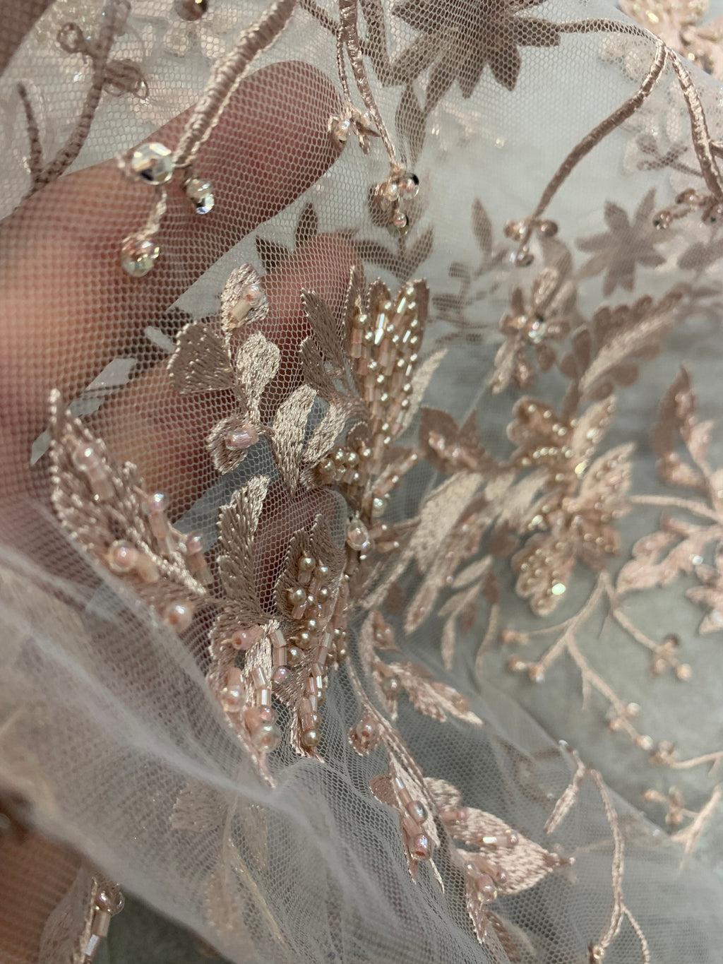 Mauve color Lace embroidery double scalloped with beads, color Mauve great item for party dress. sales by 1 yard increment.