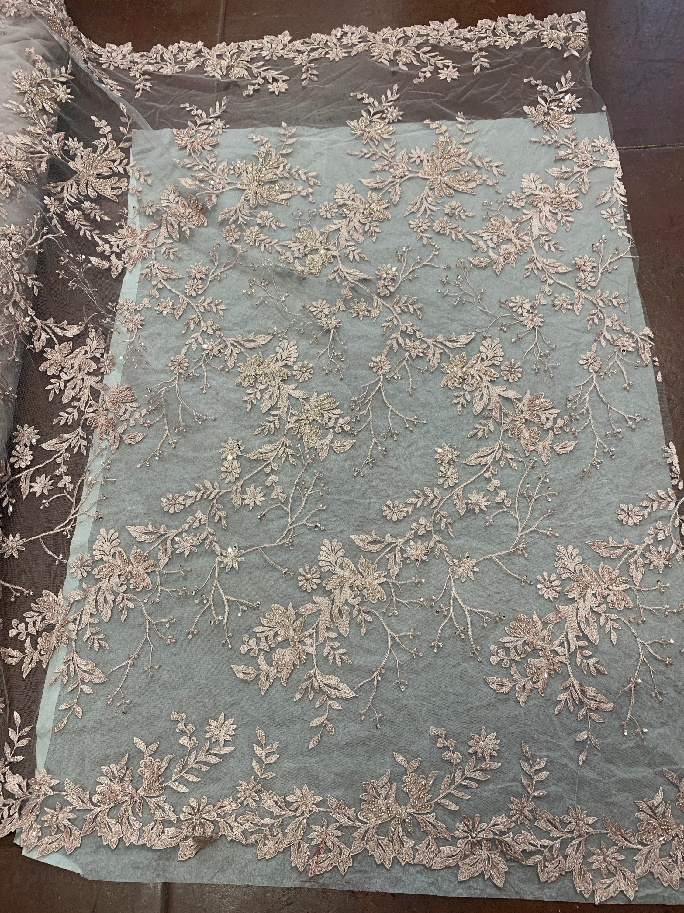 Mauve color Lace embroidery double scalloped with beads, color Mauve great item for party dress. sales by 1 yard increment.
