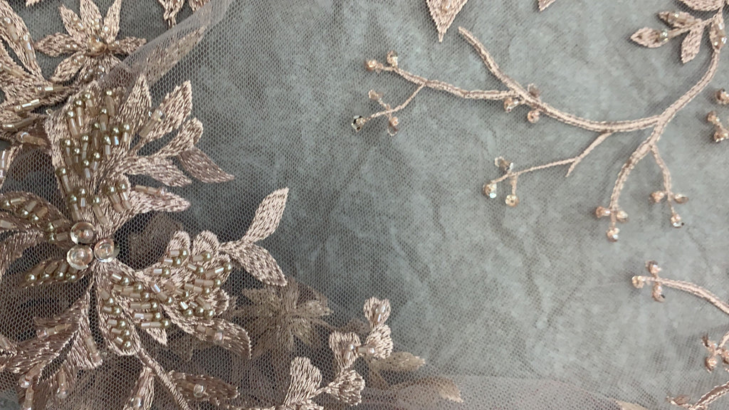 Mauve color Lace embroidery double scalloped with beads, color Mauve great item for party dress. sales by 1 yard increment.