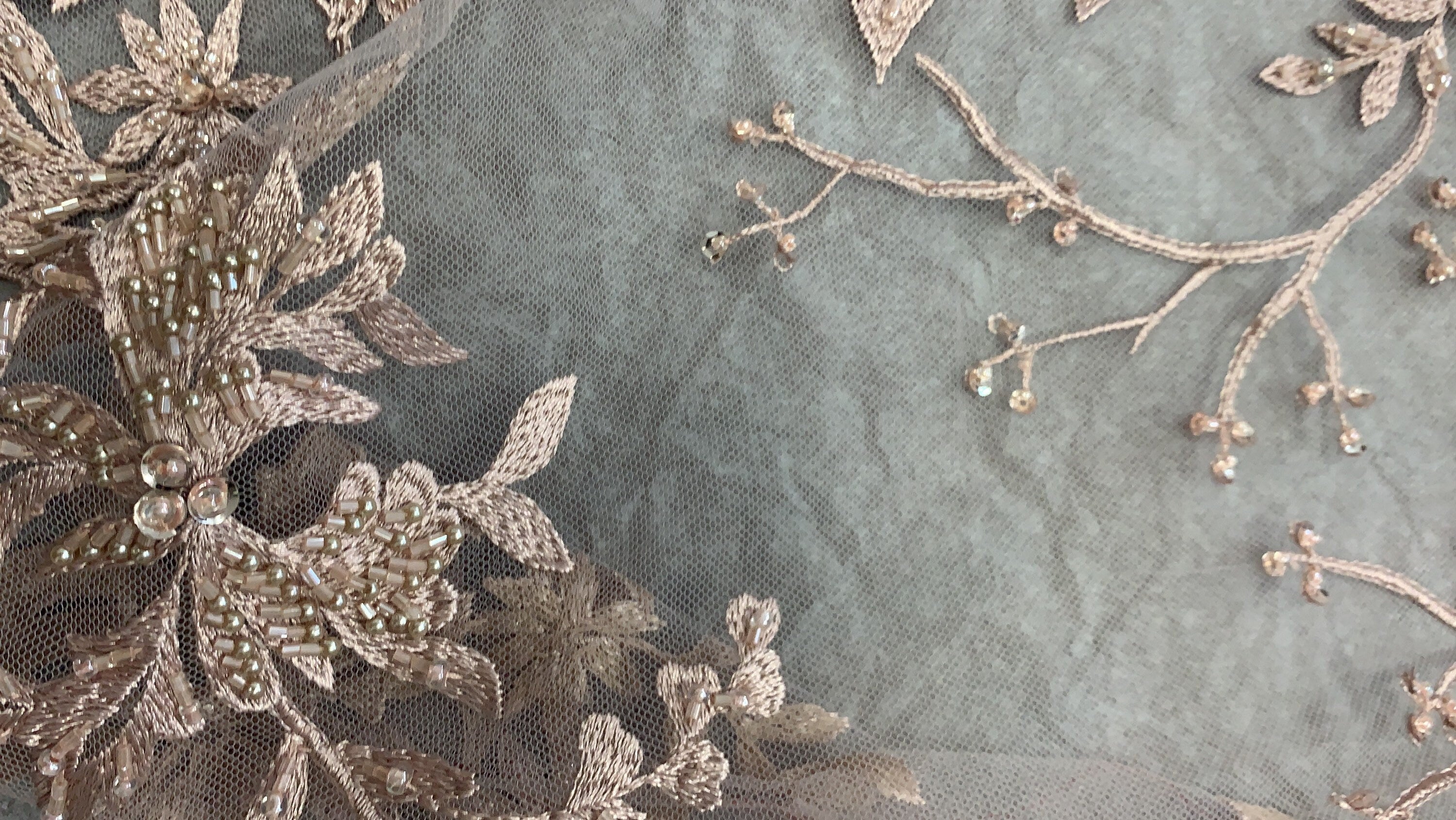 Mauve color Lace embroidery double scalloped with beads, color Mauve great item for party dress. sales by 1 yard increment.