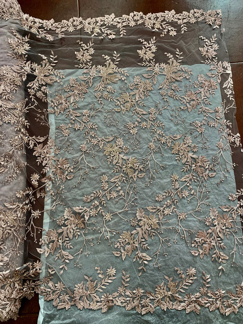 Mauve color Lace embroidery double scalloped with beads, color Mauve great item for party dress. sales by 1 yard increment.