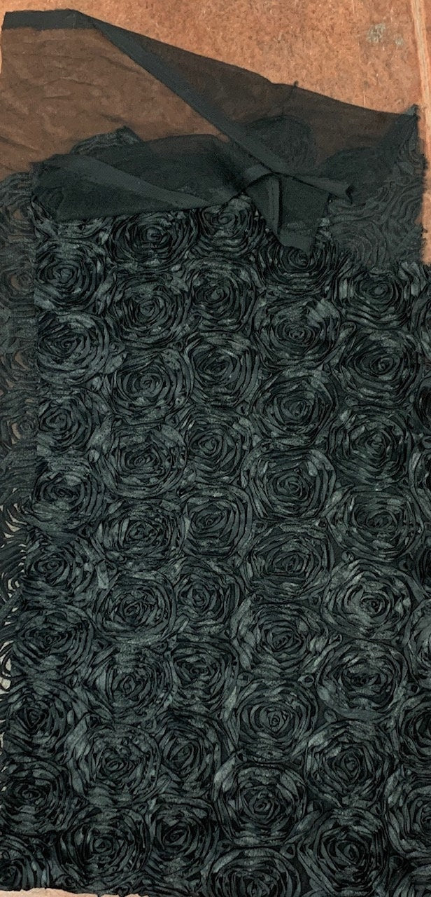 Black Mesh floral design lace, width 63 inches, 5 inch from each edge has plain mesh, embrodery area 50". free sample available in U.S.A.