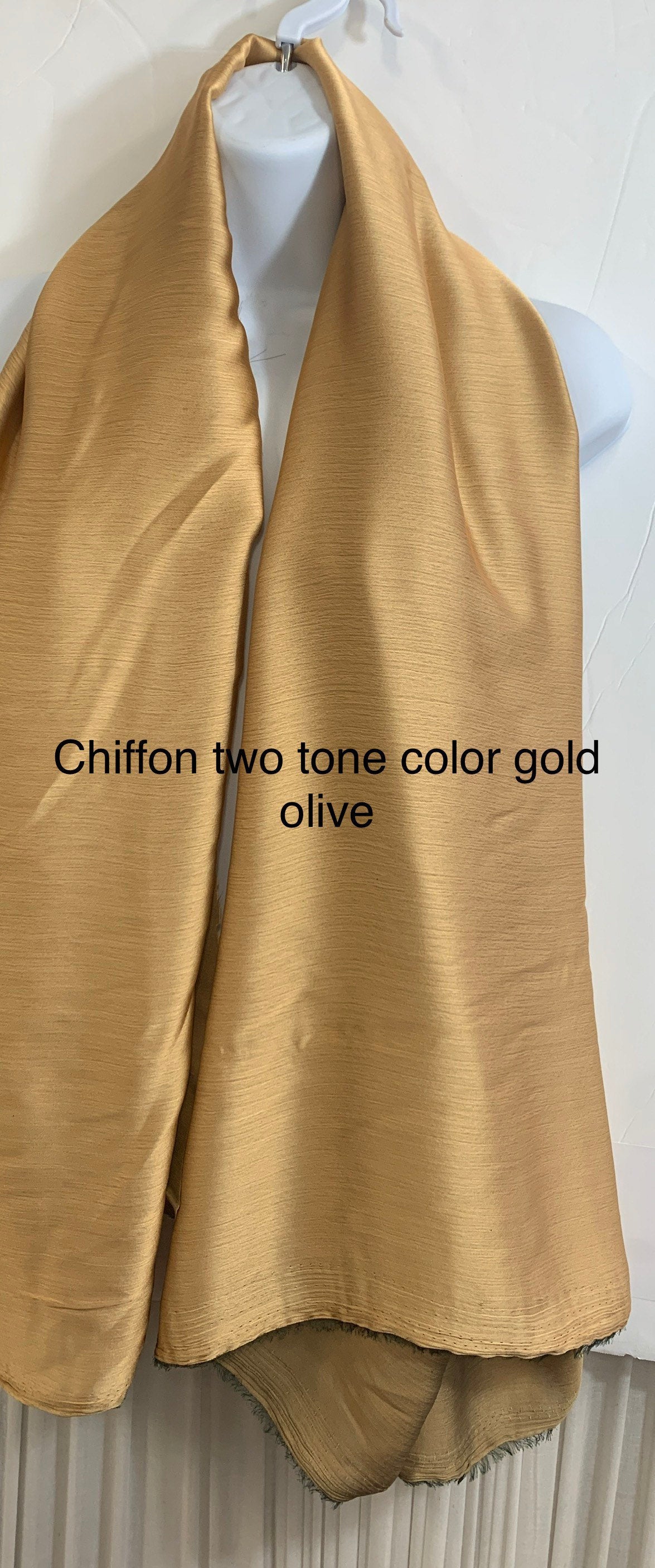 Chiffon two tone color gold/olive width 59 inches soft silky finished, great for scarf, blouse and more.