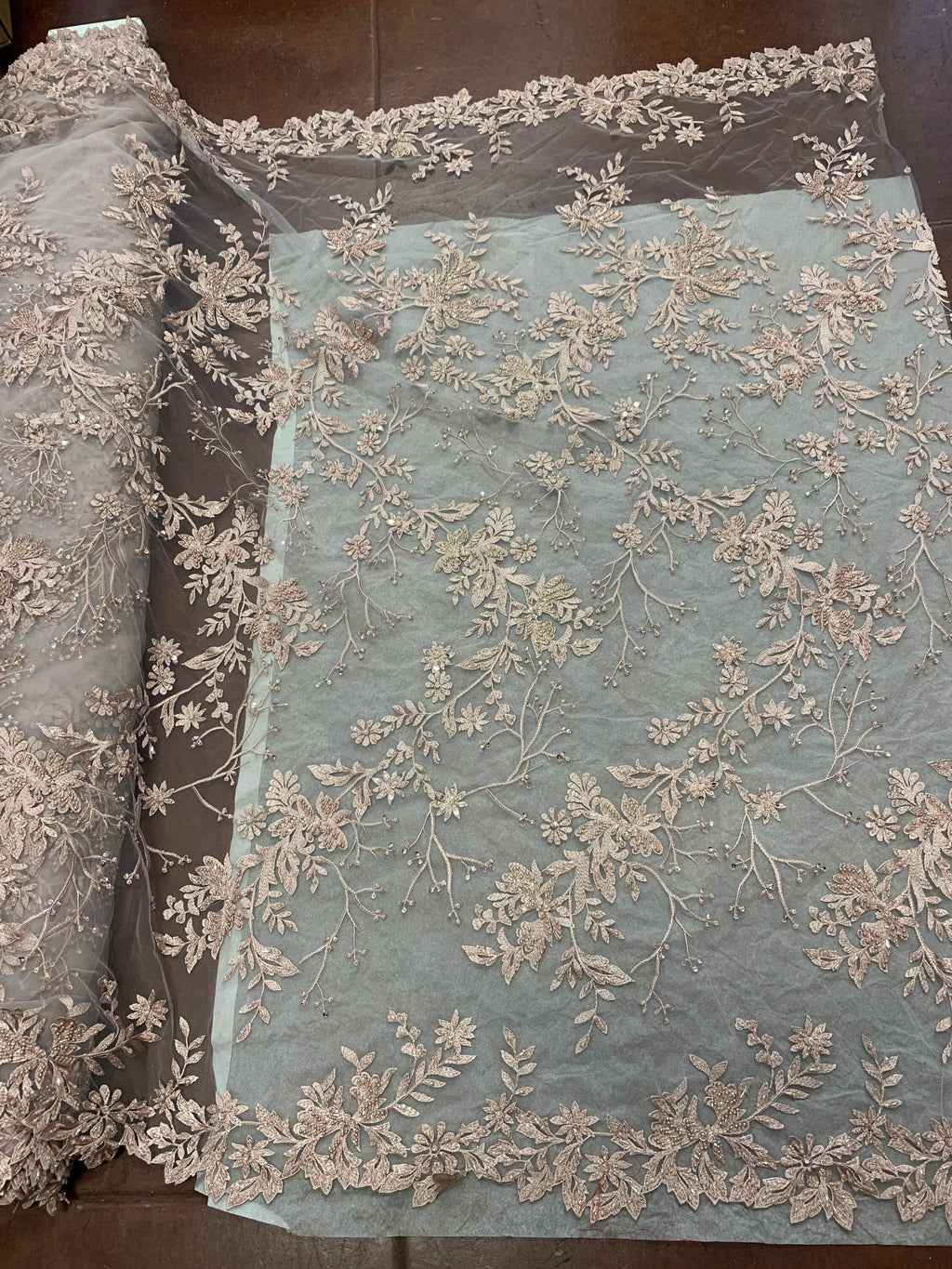 Mauve color Lace embroidery double scalloped with beads, color Mauve great item for party dress. sales by 1 yard increment.