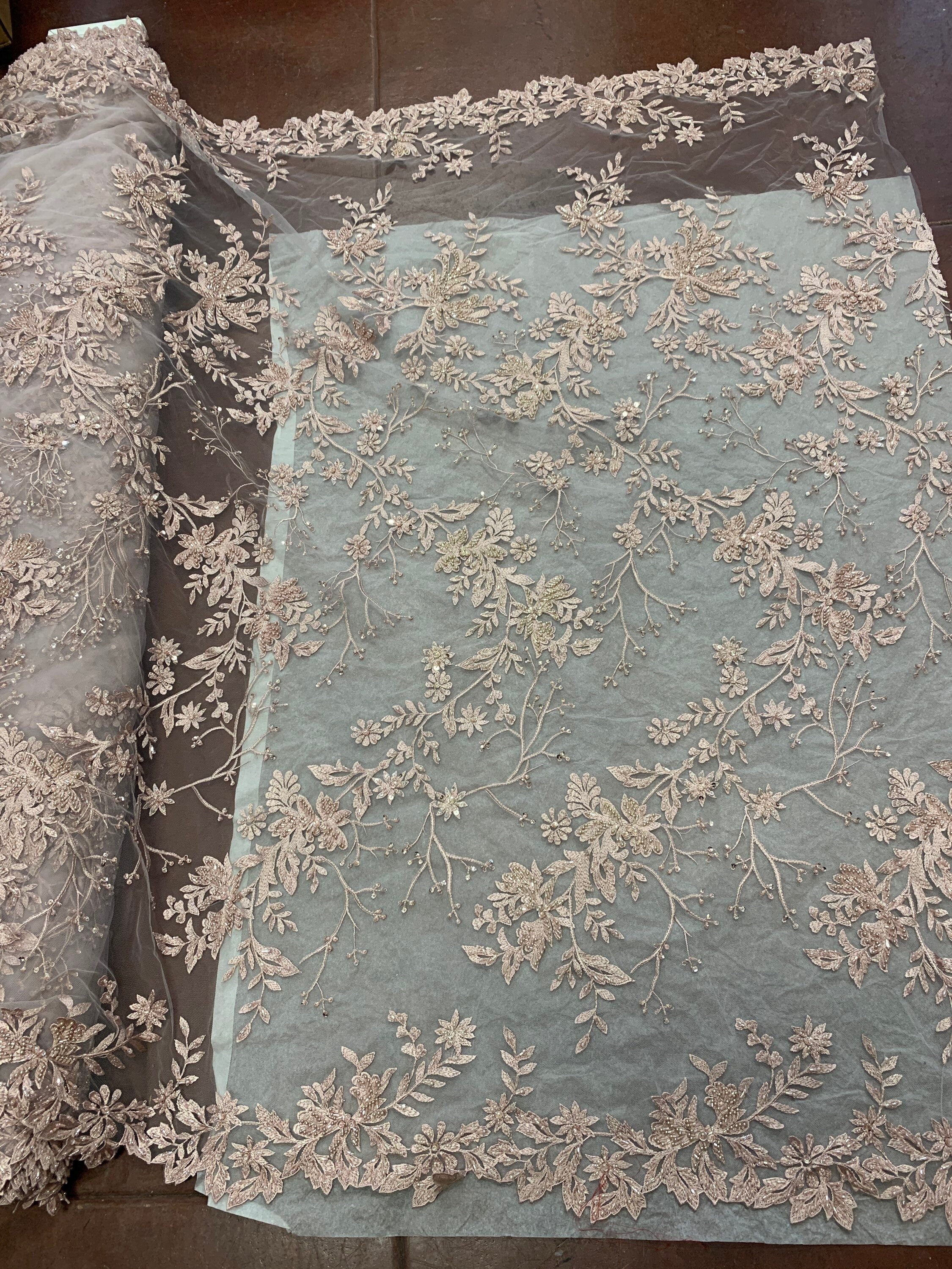 Mauve color Lace embroidery double scalloped with beads, color Mauve great item for party dress. sales by 1 yard increment.