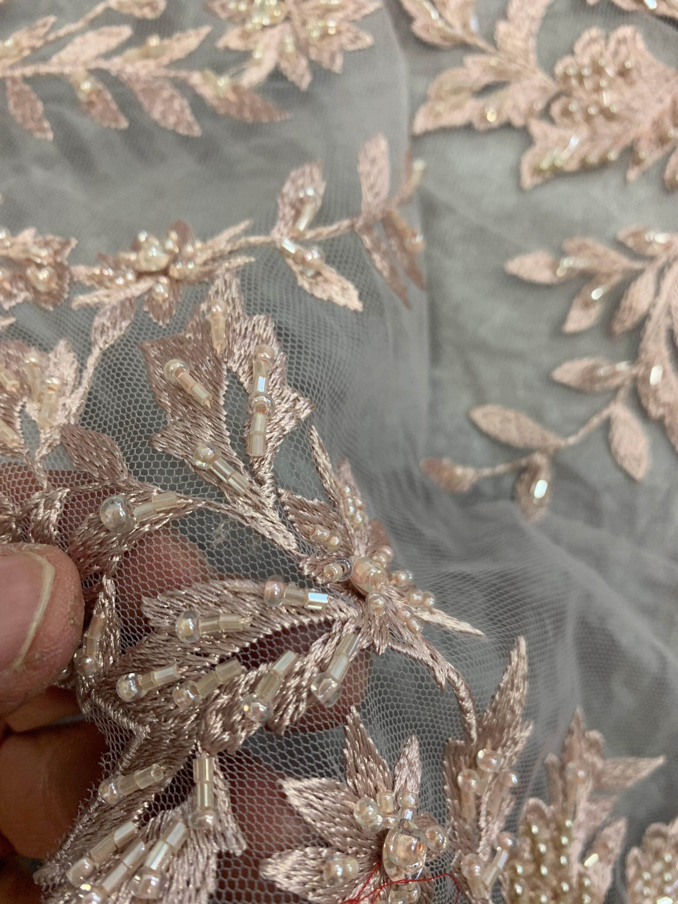 Mauve color Lace embroidery double scalloped with beads, color Mauve great item for party dress. sales by 1 yard increment.