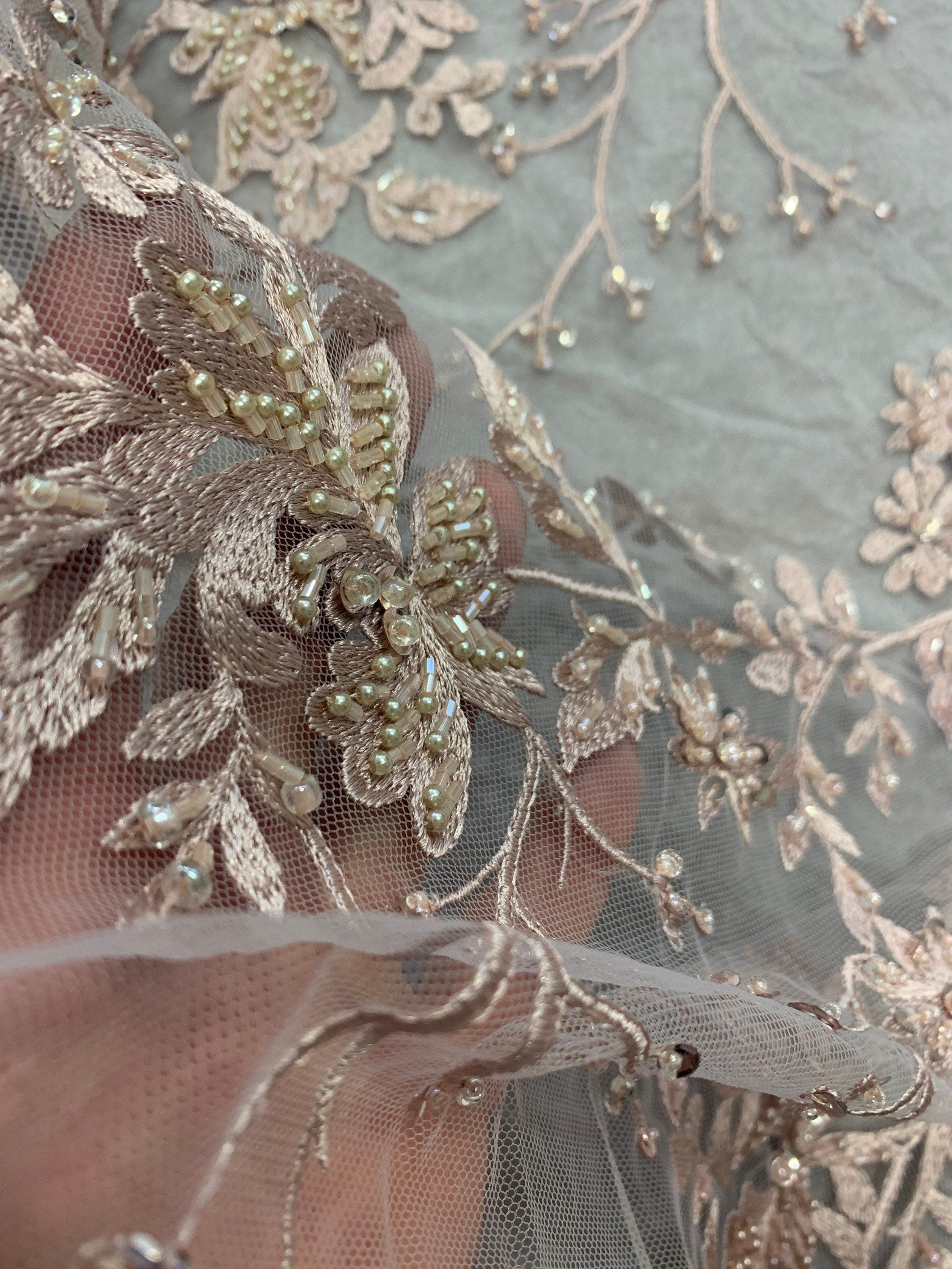 Mauve color Lace embroidery double scalloped with beads, color Mauve great item for party dress. sales by 1 yard increment.