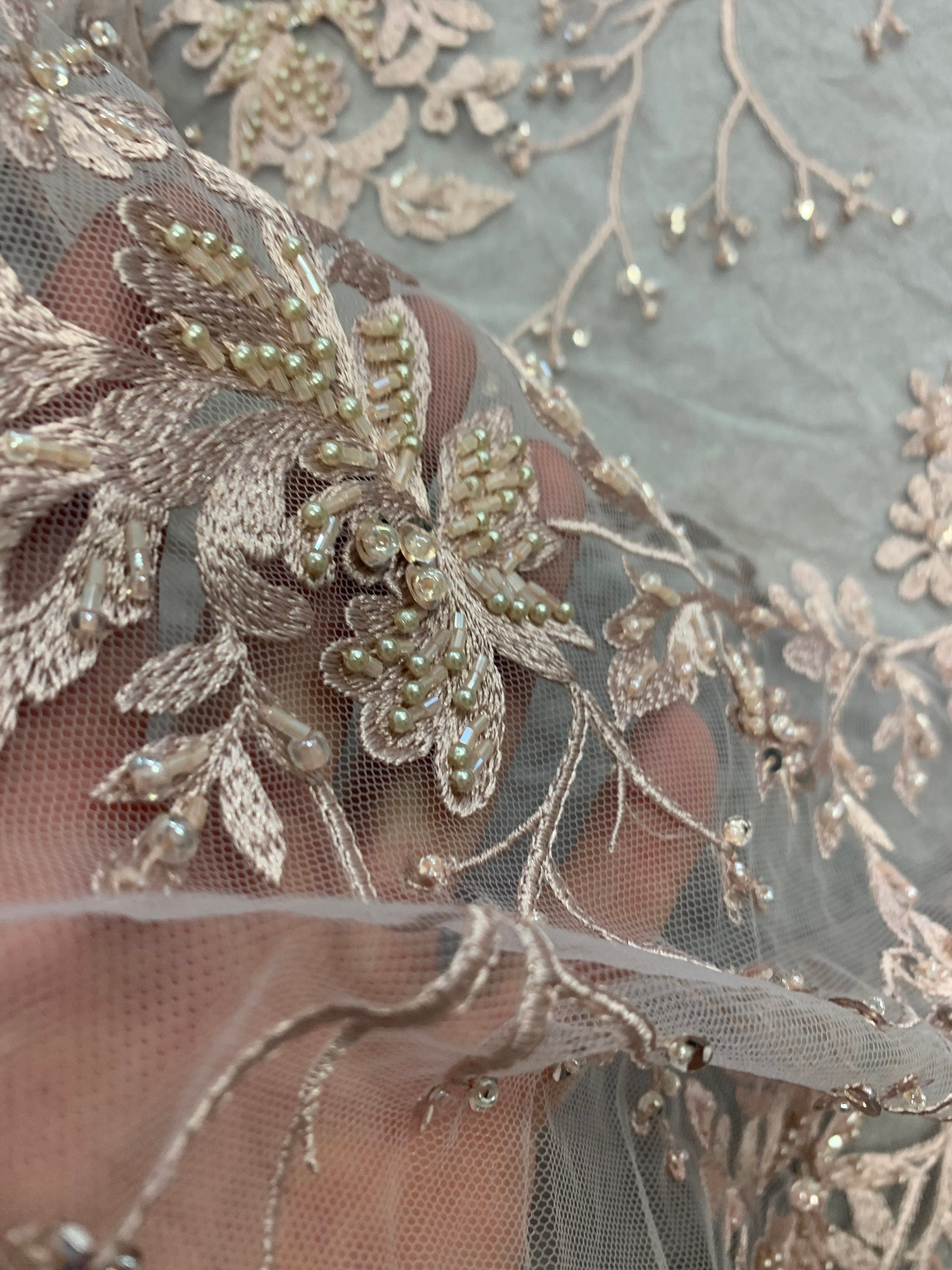 Mauve color Lace embroidery double scalloped with beads, color Mauve great item for party dress. sales by 1 yard increment.