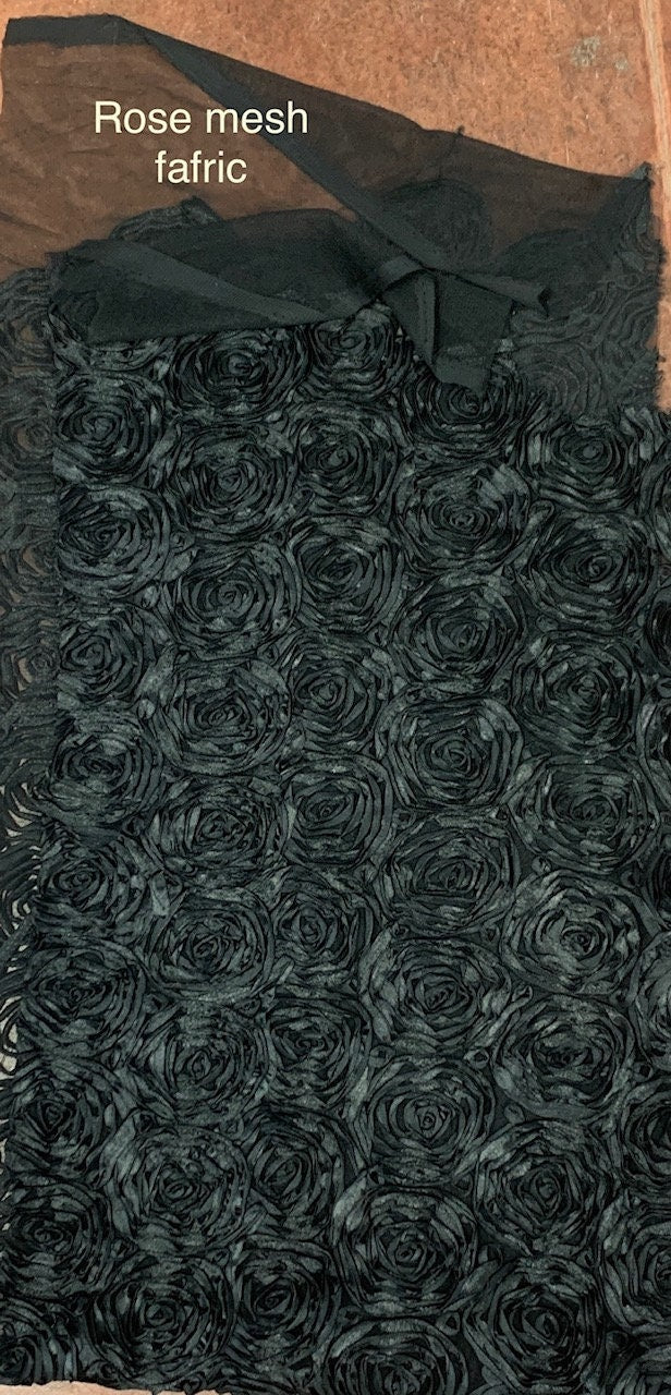 Black Mesh floral design lace, width 63 inches, 5 inch from each edge has plain mesh, embrodery area 50". free sample available in U.S.A.