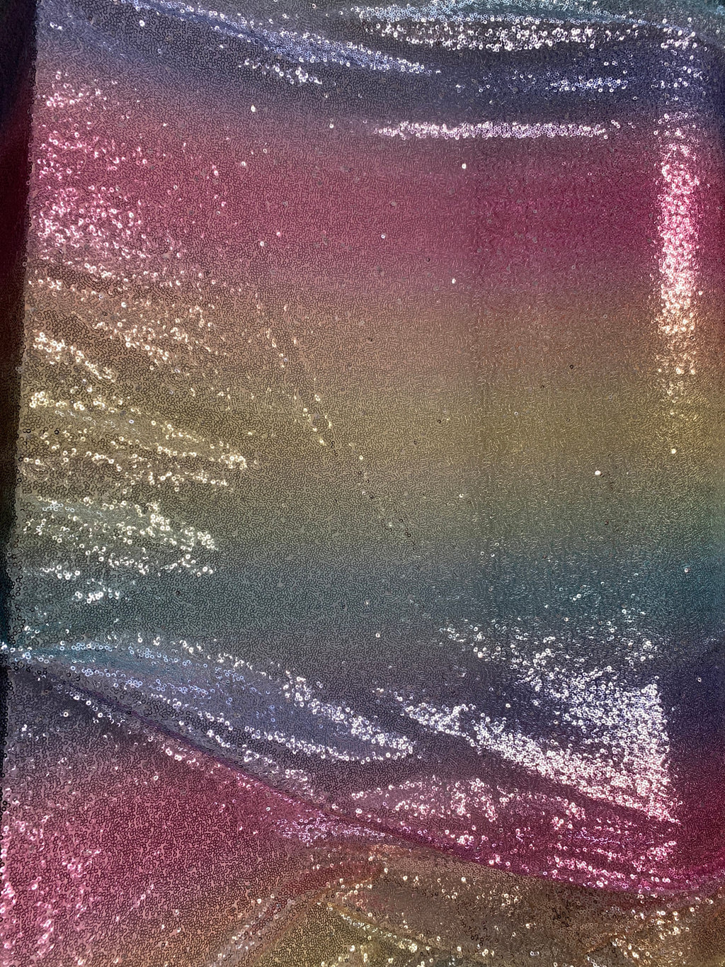 Rainbow sequins mesh fabric. common use in craft, jacket, costume, dull, table runner. 2 to 3 inches plain mesh on each side.