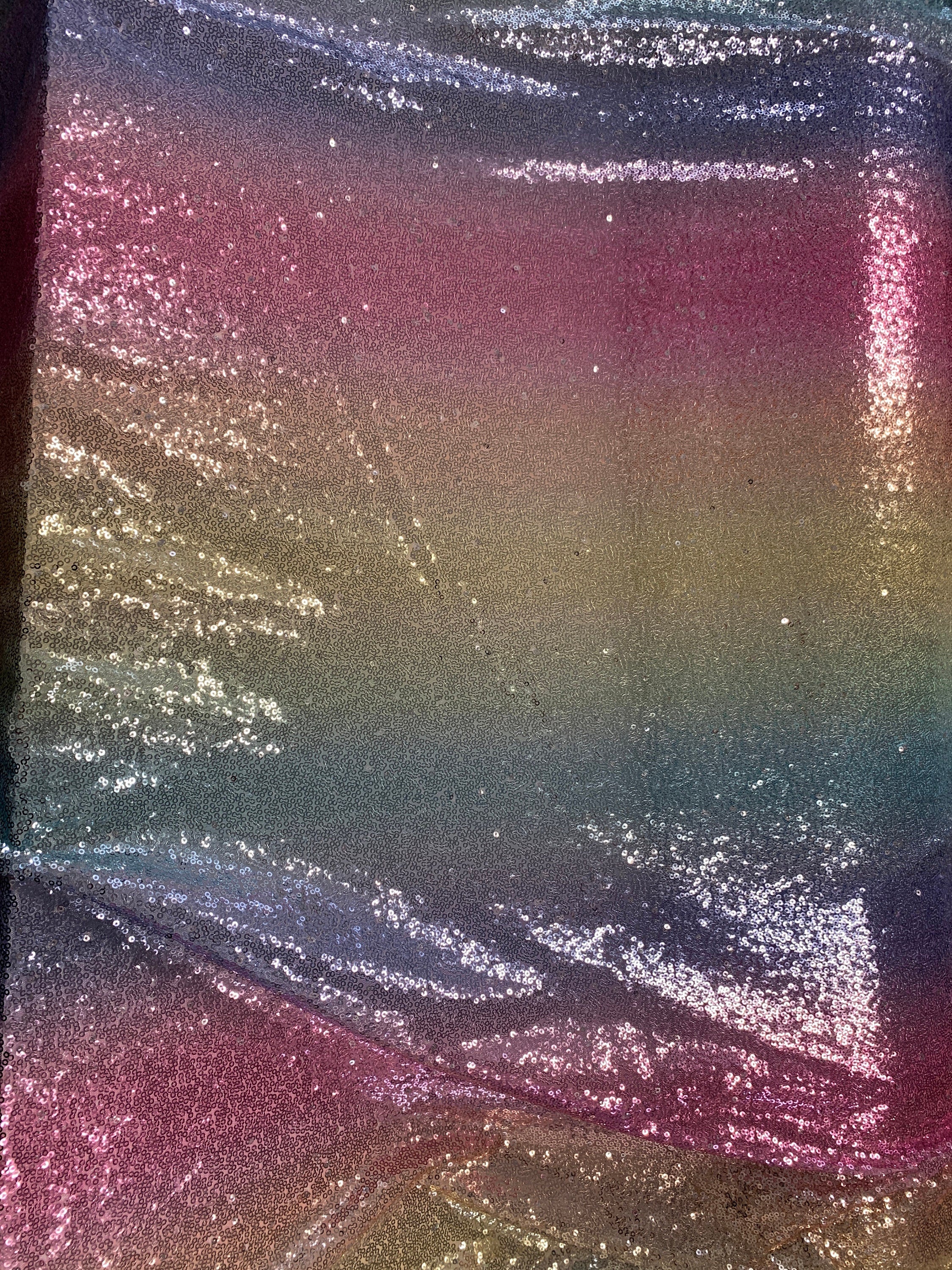 Rainbow sequins mesh fabric. common use in craft, jacket, costume, dull, table runner. 2 to 3 inches plain mesh on each side.