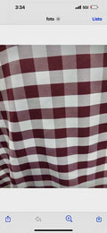 1 piece 5 yards Burgundy/White Poplin checker 1 inch Gingham Polyester fabric, great item for customs, decorations and more. 58 inches wide.