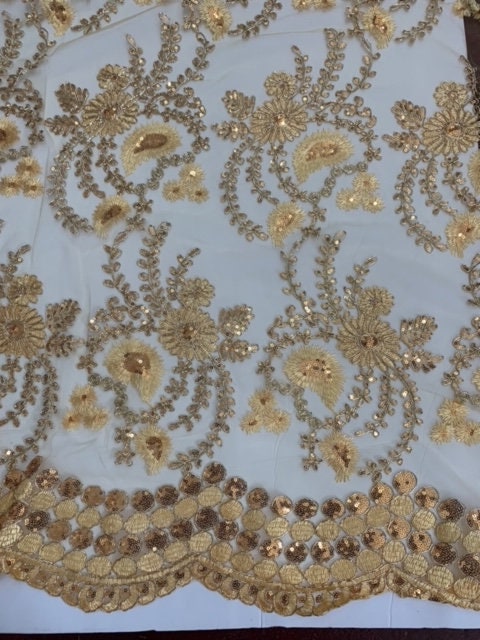 Gold color lace fabrics design Lexi, Sequins, embroidery double sclloped sequins fabric.