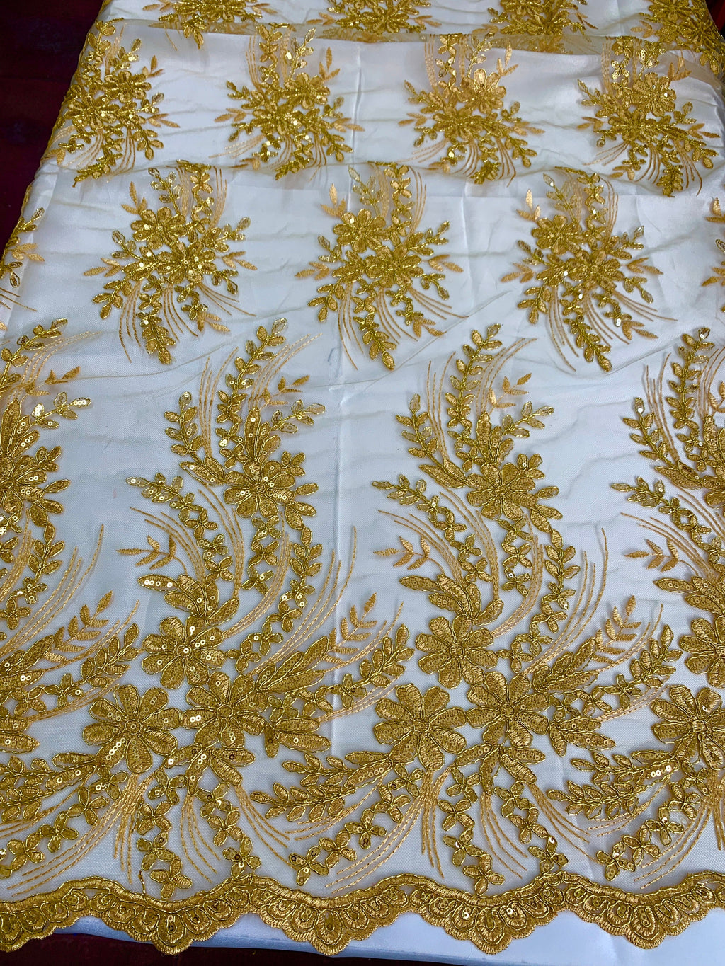 Gold color Lace sell by yard desin 1081 49/50" width Embroidery metallic sequins double scalloped Lace.
