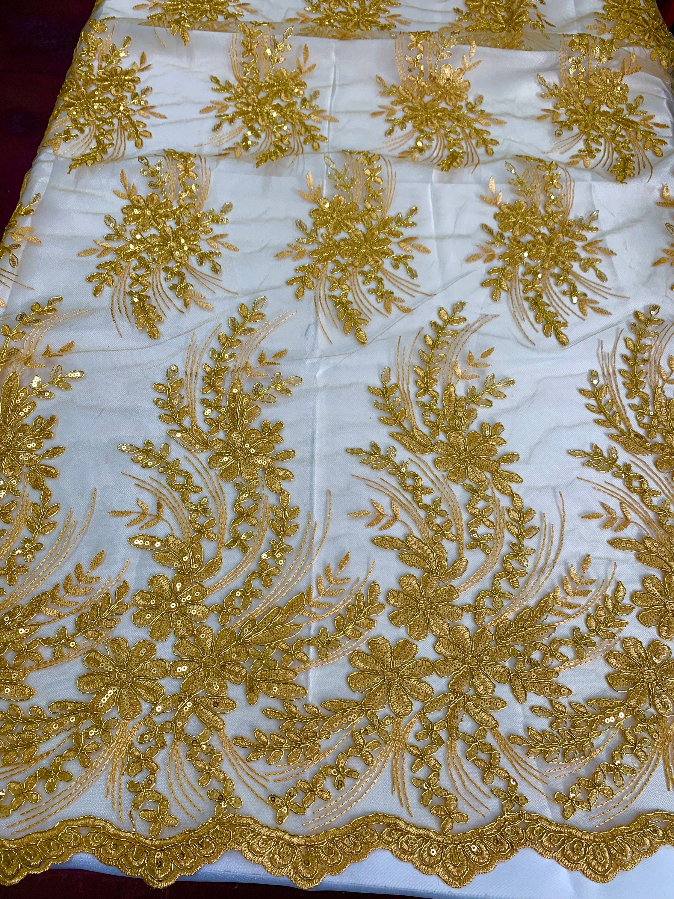 Gold color Lace sell by yard desin 1081 49/50" width Embroidery metallic sequins double scalloped Lace.
