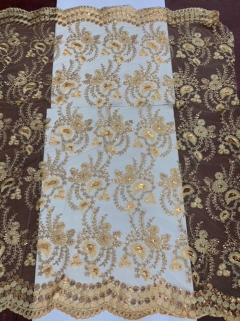 Gold color lace fabrics design Lexi, Sequins, embroidery double sclloped sequins fabric.