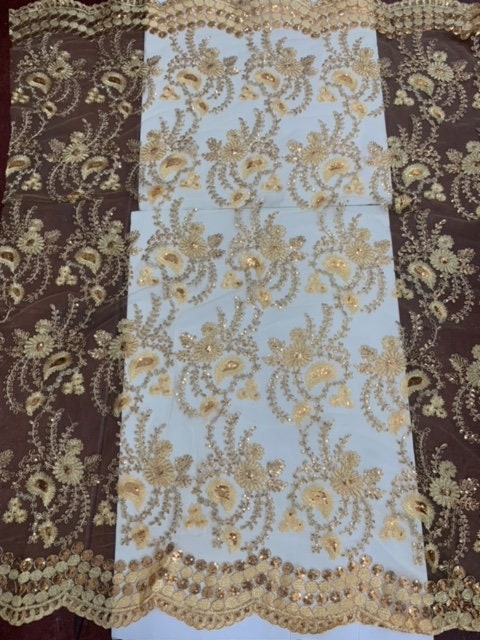 Gold color lace fabrics design Lexi, Sequins, embroidery double sclloped sequins fabric.