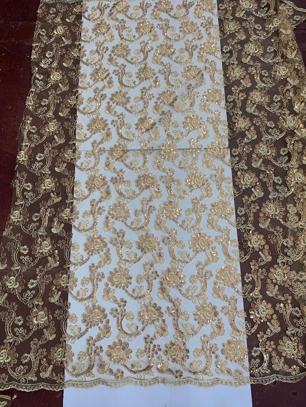 3-yard Gold-colored lace fabric design named Angela, sequins and intricate embroidery with double scalloped edges. Width 49/50"