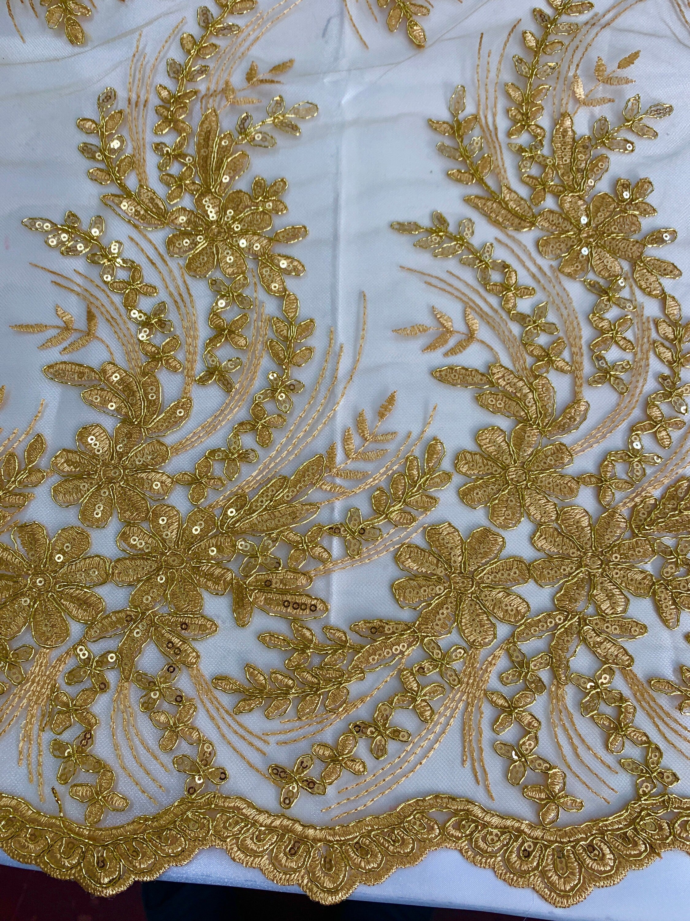 Gold color Lace sell by yard desin 1081 49/50" width Embroidery metallic sequins double scalloped Lace.