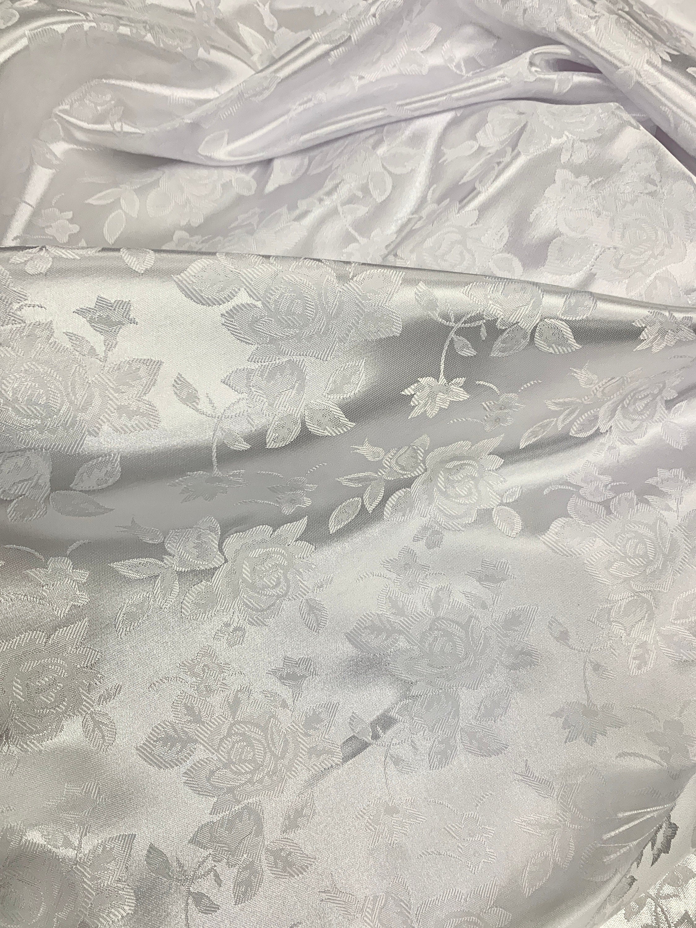 White satin jacquard fabric rose design flower width 58&quot; 100% polyester