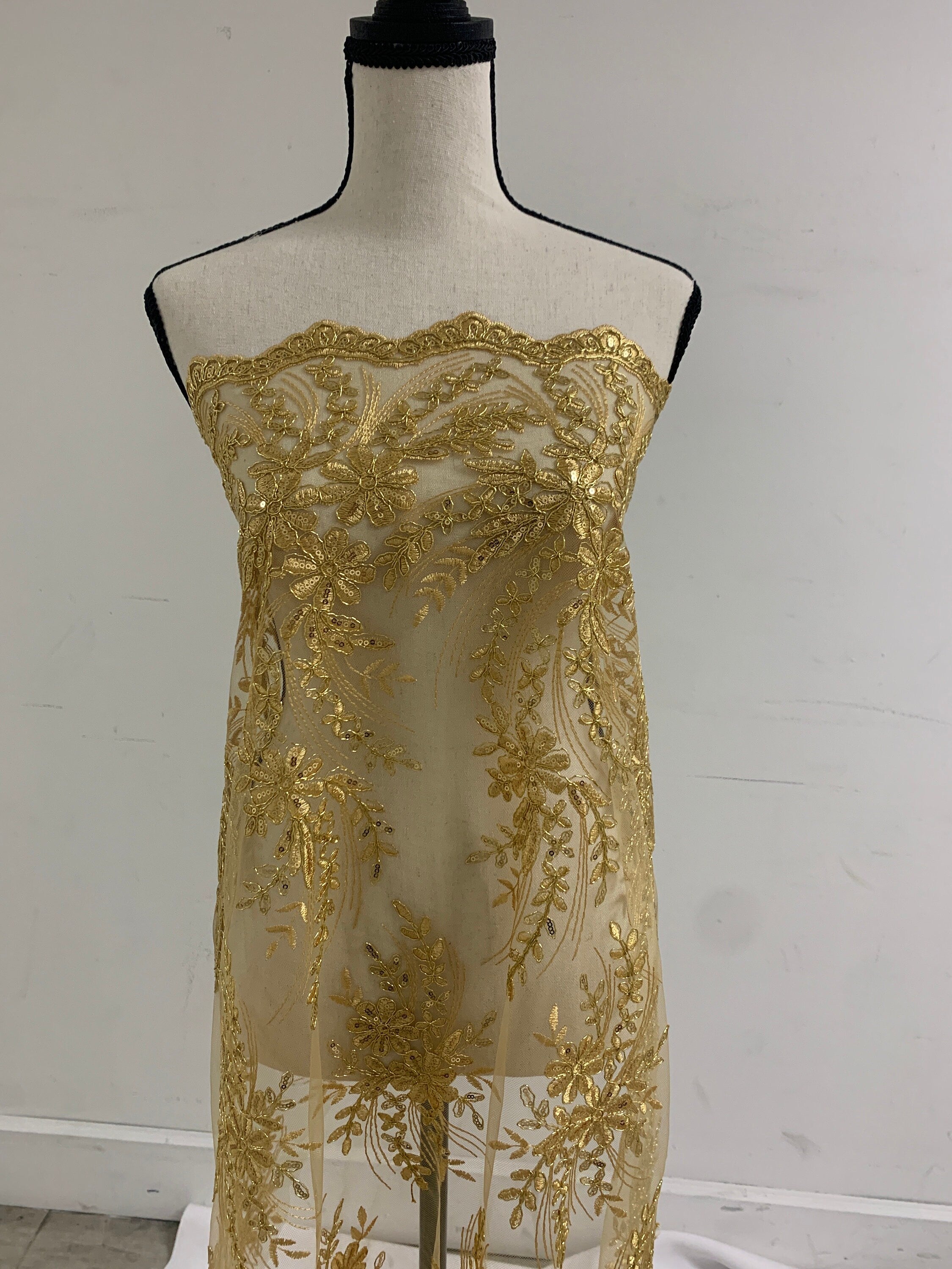 Gold color Lace sell by yard desin 1081 49/50" width Embroidery metallic sequins double scalloped Lace.